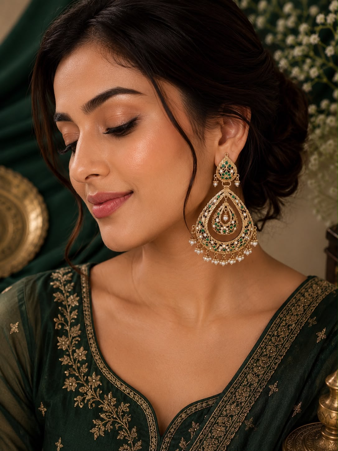 Green Jhumka Chandbali Earrings 