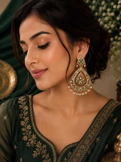 Green Jadau Chandbali Earrings - QUEENS JEWELS 