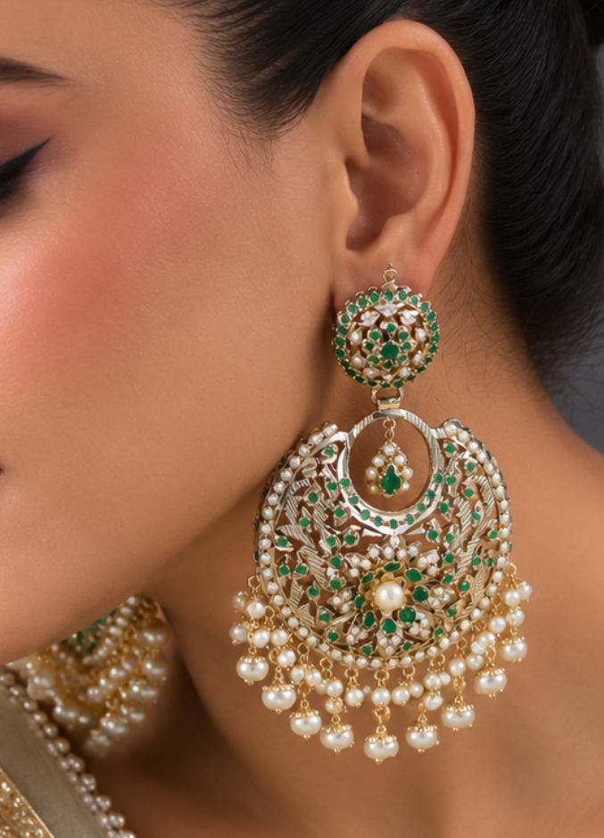 Green Opal Jadau Chandbali Earrings