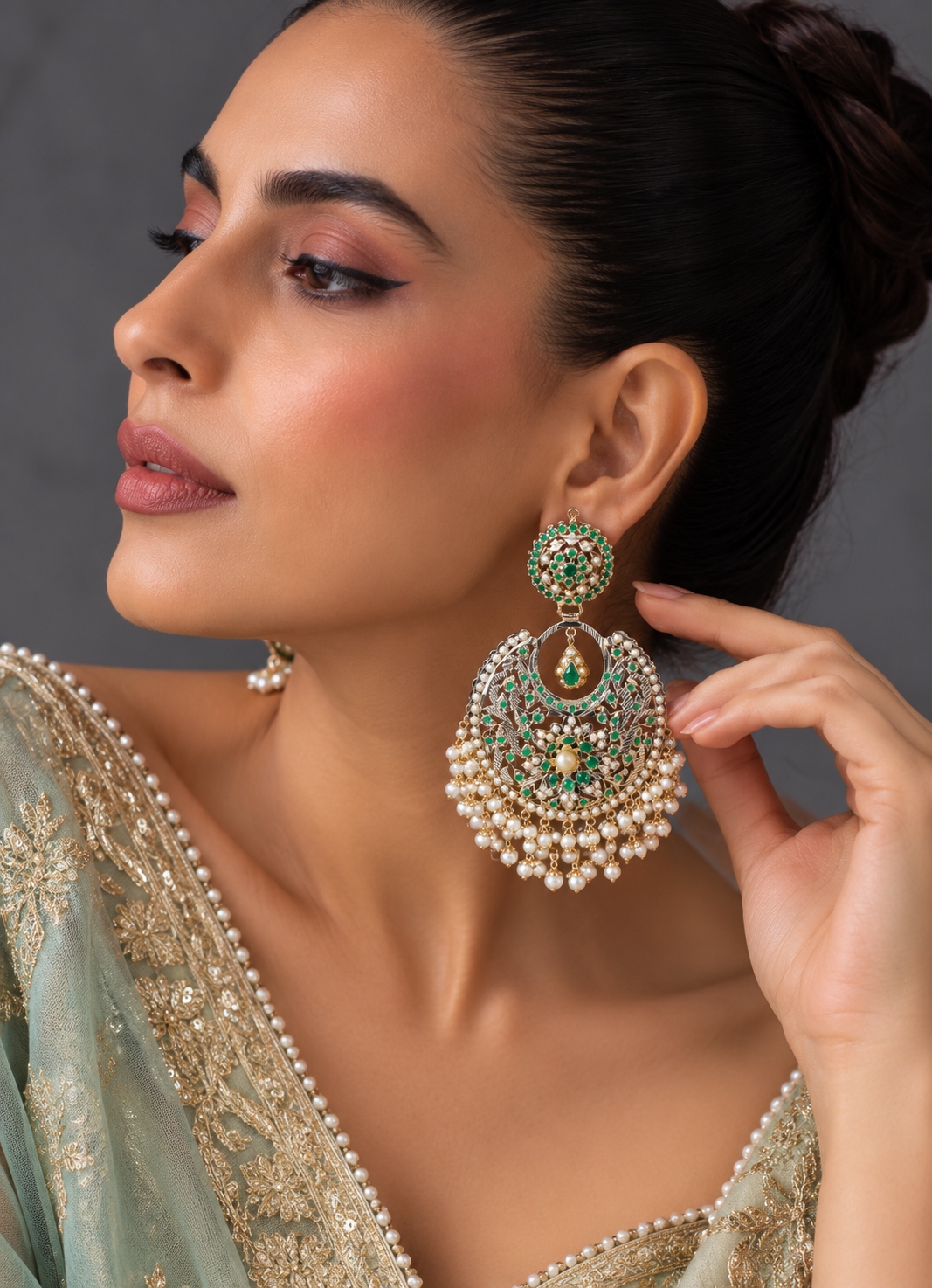 Green Opal Jadau Chandbali Earrings