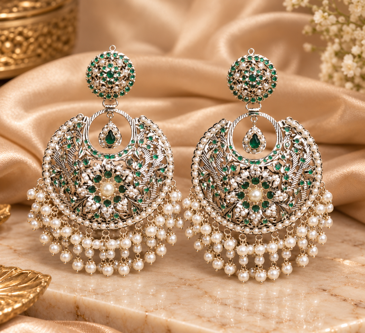 Green Opal Jadau Chandbali Earrings