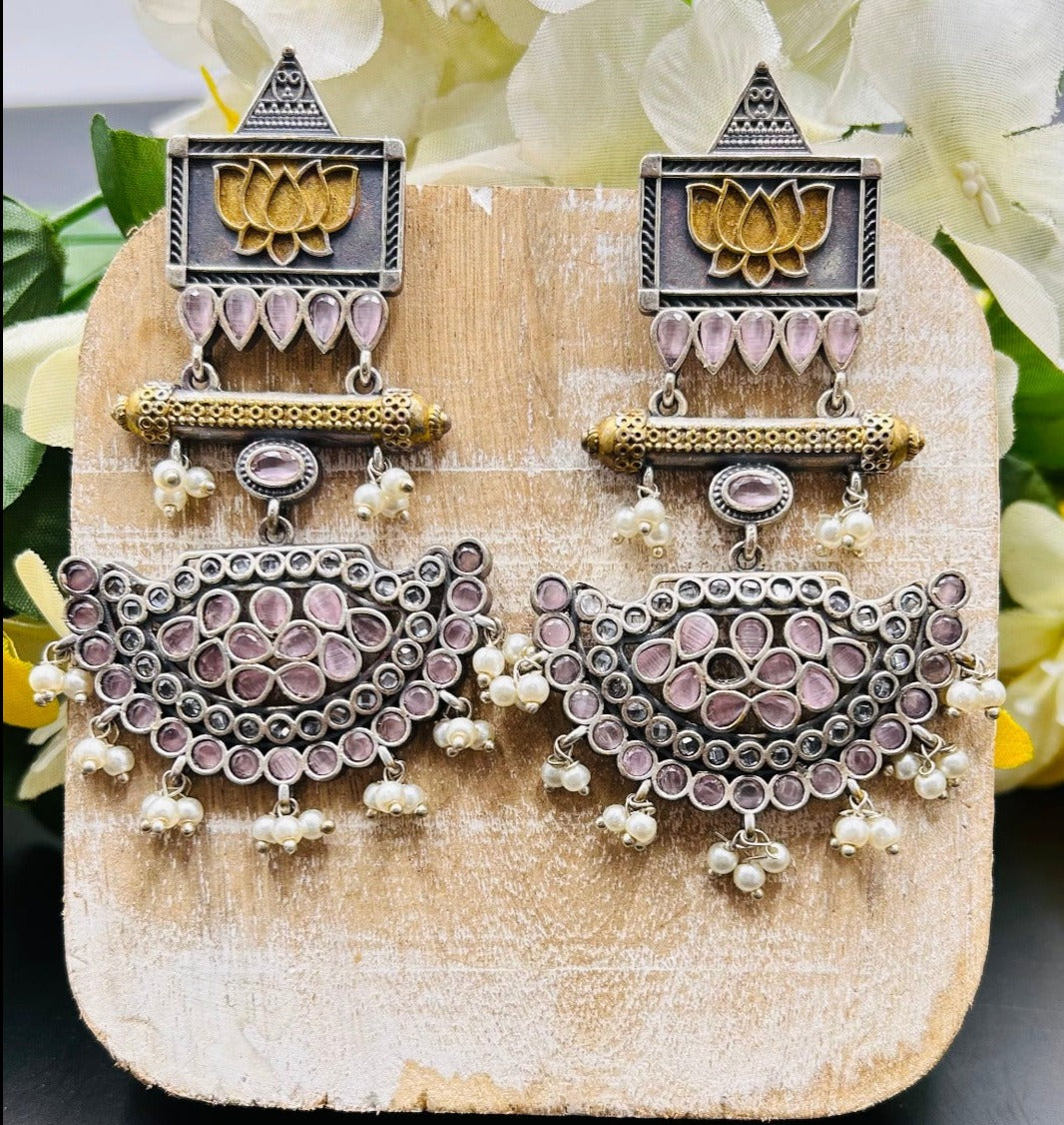 Imara Dual Tone Pink Colour Stone Oxidised Earrings - QUEENS JEWELS