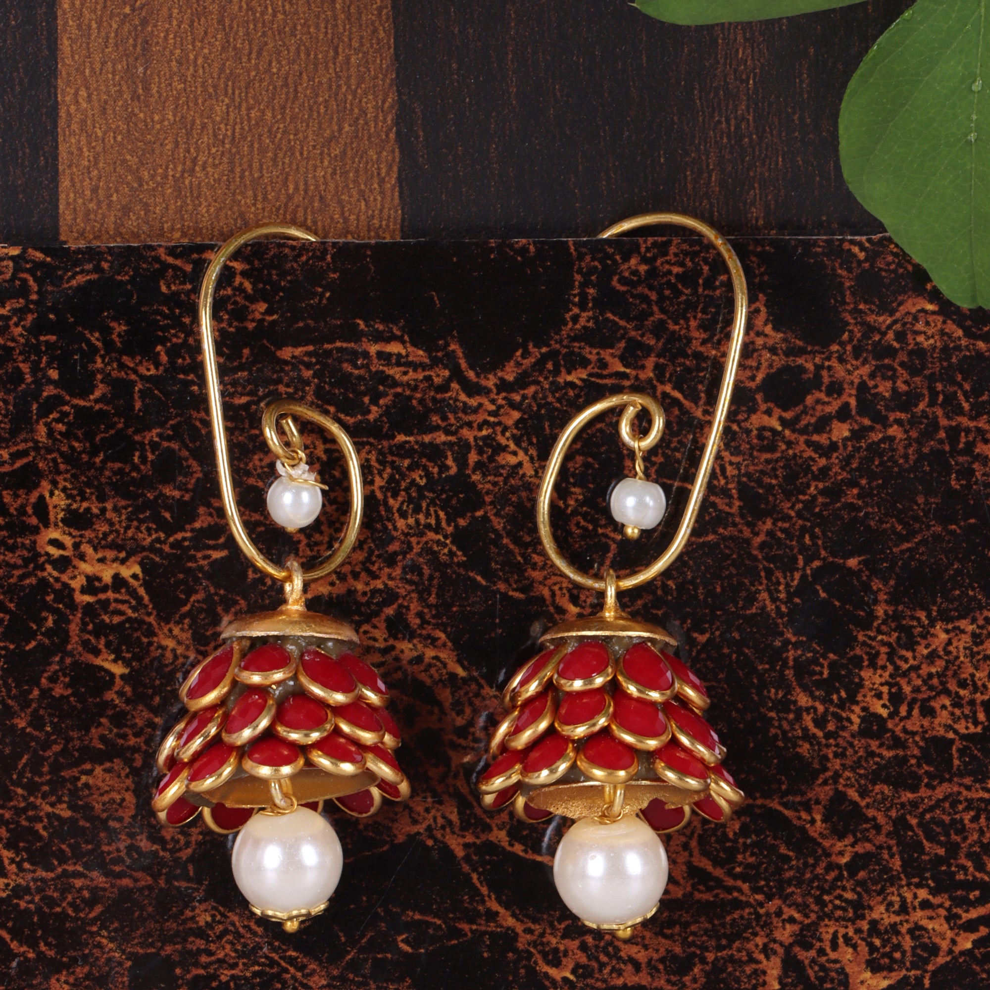Anika Pachi Jhumka Earrings - Red - QUEENS JEWELS