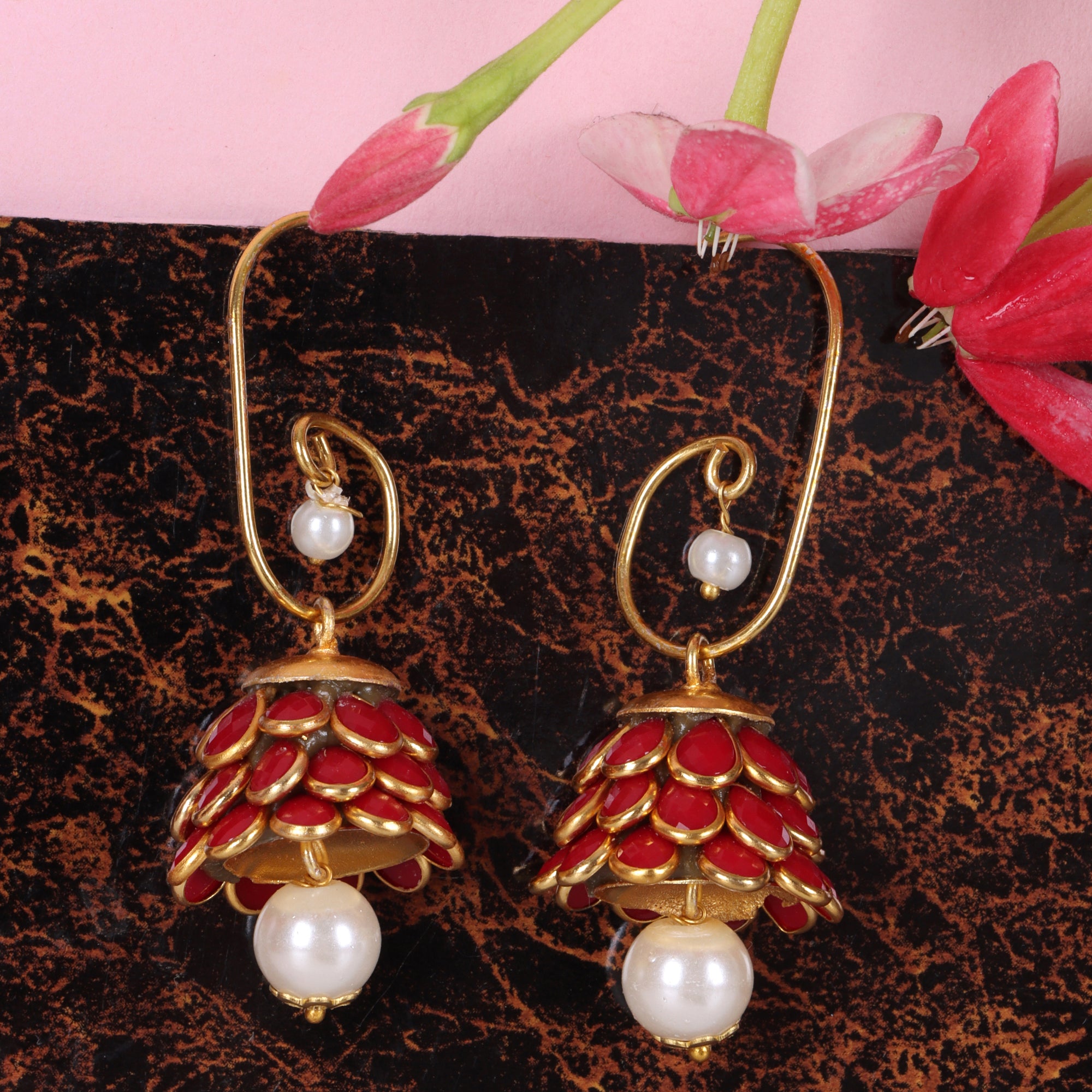 Anika Pachi Jhumka Earrings - Red - QUEENS JEWELS