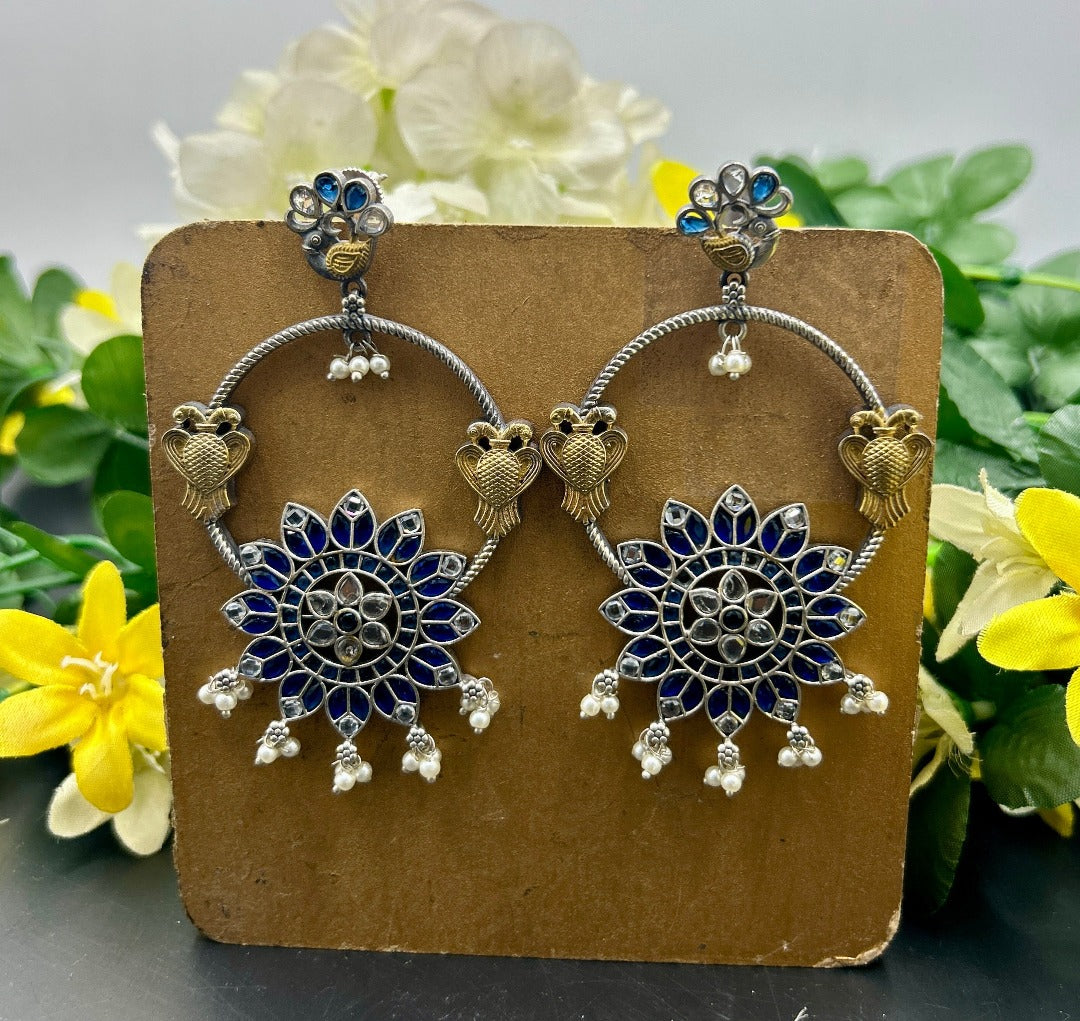 Zia  Blue Colour Stone Oxidised Earrings - QUEENS JEWELS