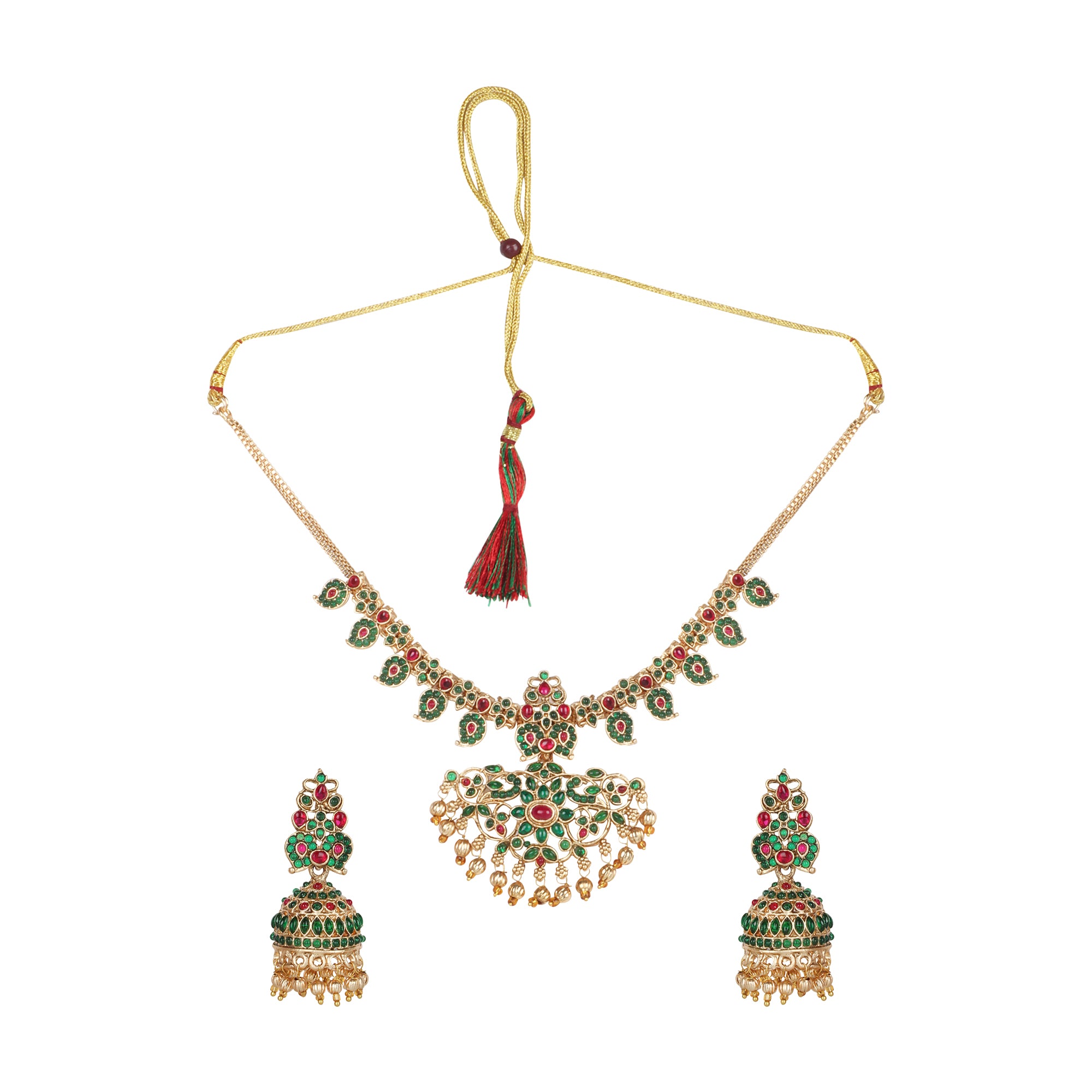Arohi Green And Red Stone Temple Necklace Set With Jhumka Earrings - QUEENS JEWELS