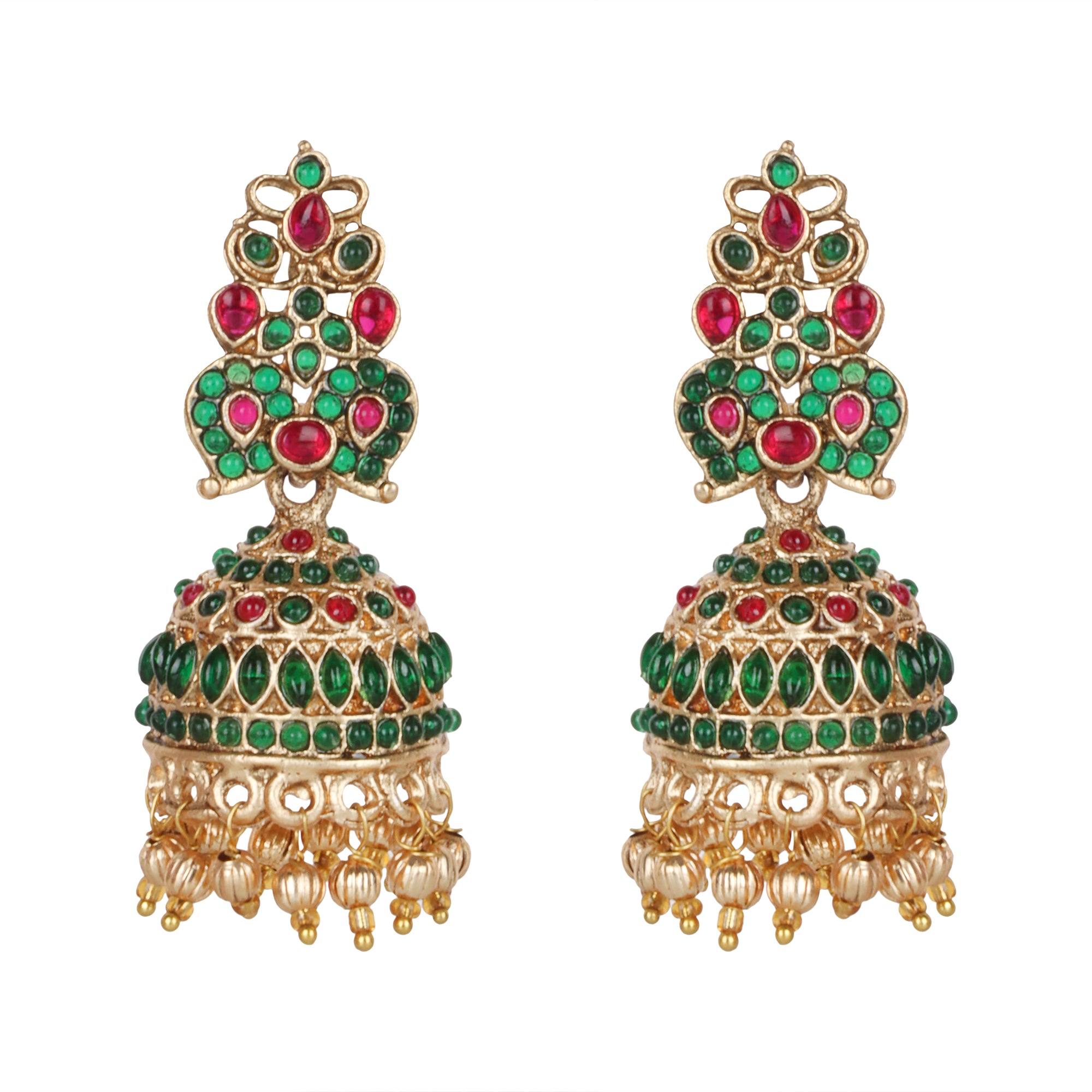Arohi Green And Red Stone Temple Necklace Set With Jhumka Earrings - QUEENS JEWELS