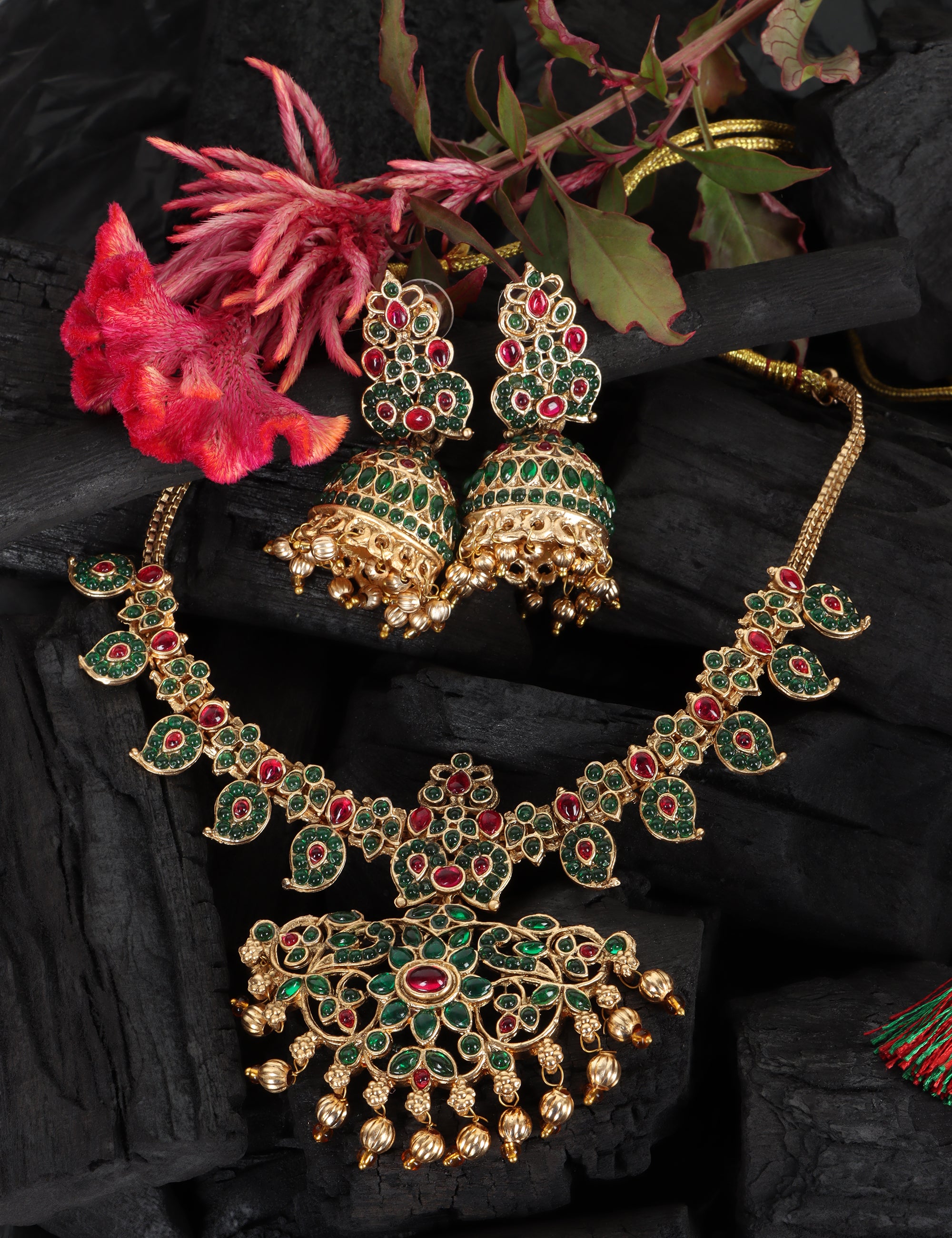 Arohi Green And Red Stone Temple Necklace Set With Jhumka Earrings - QUEENS JEWELS