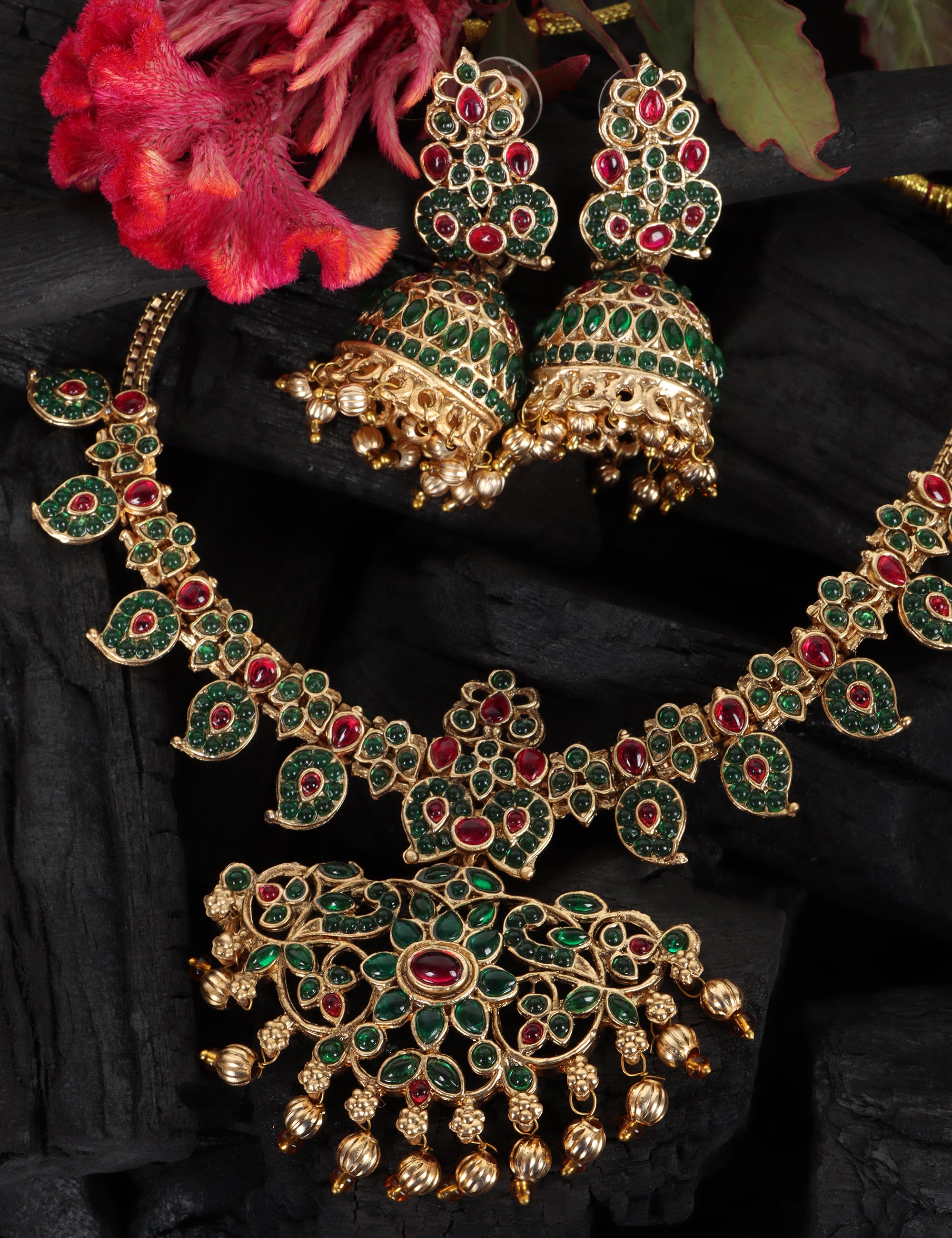 Arohi Green And Red Stone Temple Necklace Set With Jhumka Earrings - QUEENS JEWELS