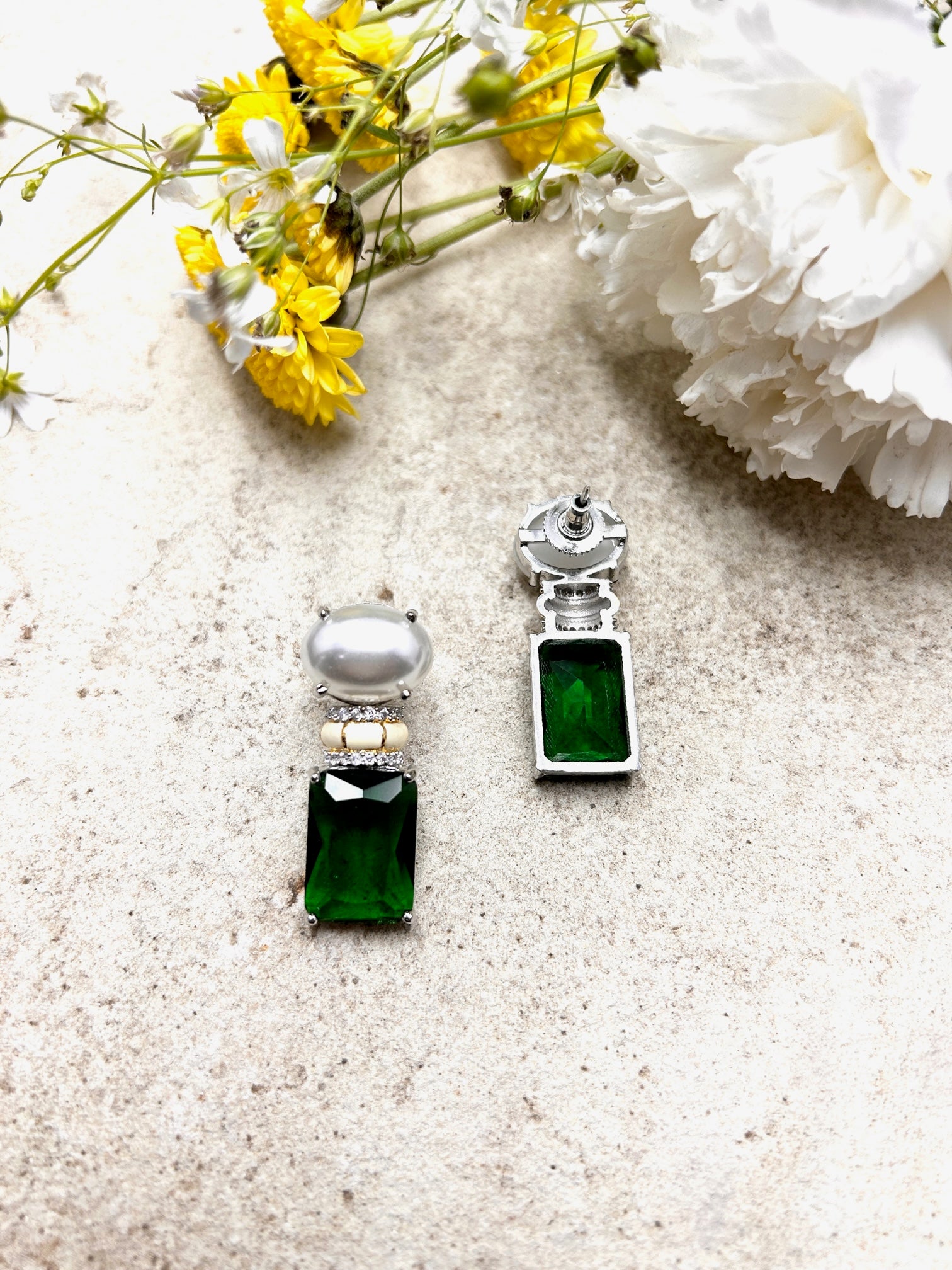 Emerald Stone Pearl Studs