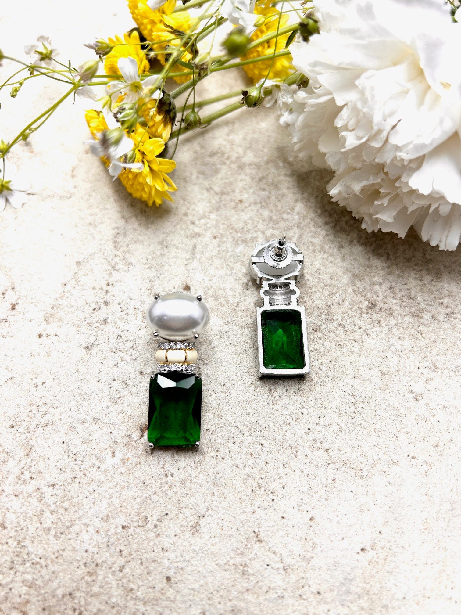Emerald Stone Pearl Studs - QUEENS JEWELS