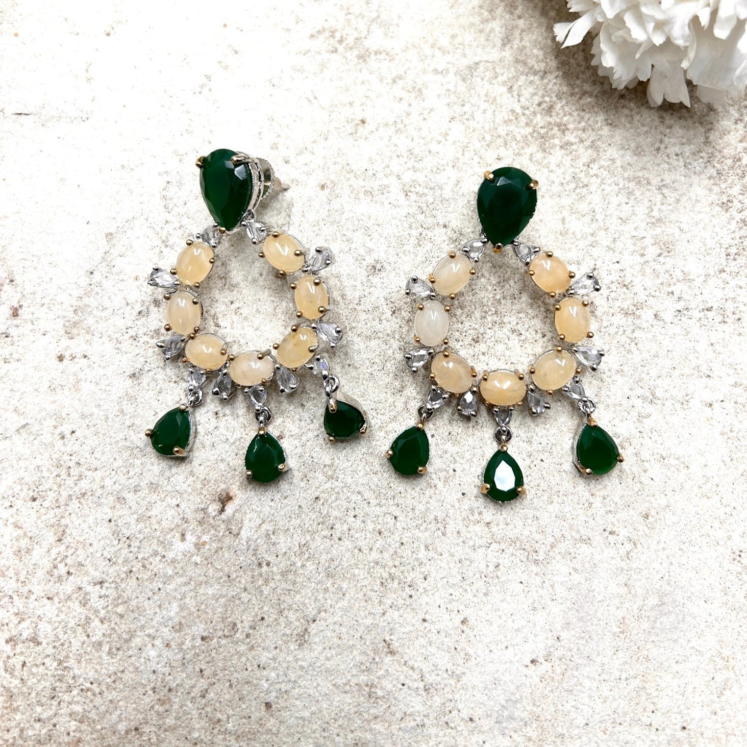 Emerald-Cream Polki Earrings - QUEENS JEWELS