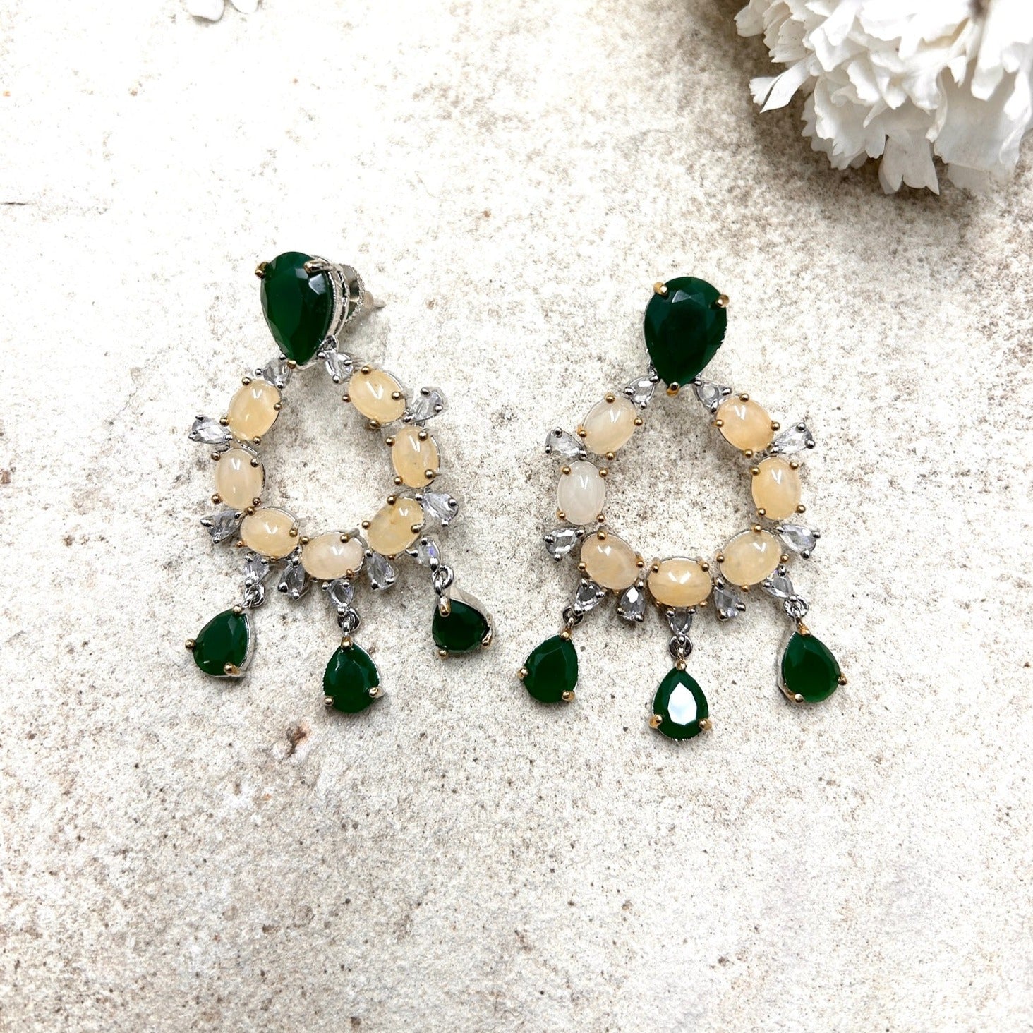 Emerald-Cream Polki Earrings - QUEENS JEWELS