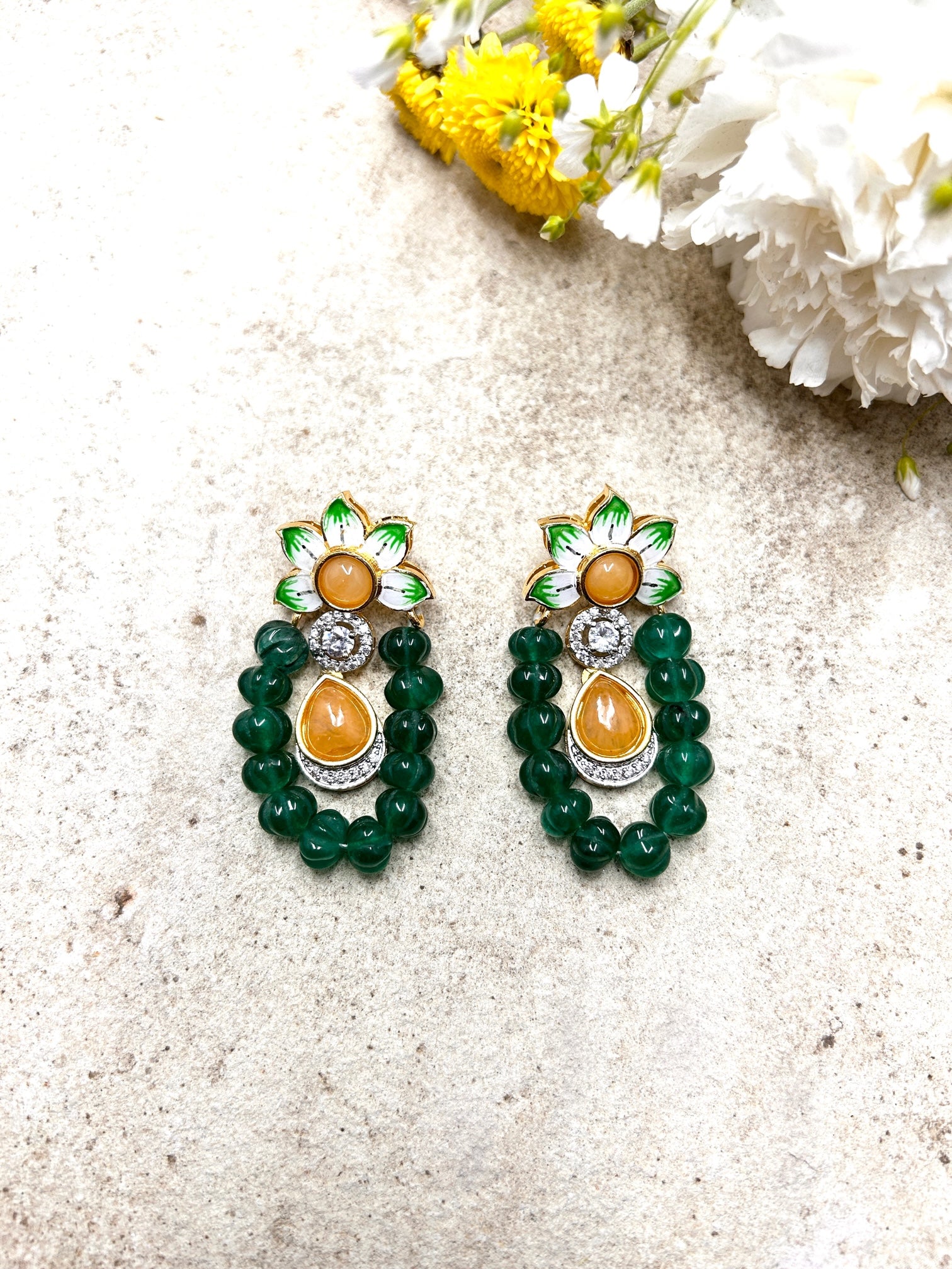 Emerald Colored Stone Meenakari Polki Earrings - QUEENS JEWELS