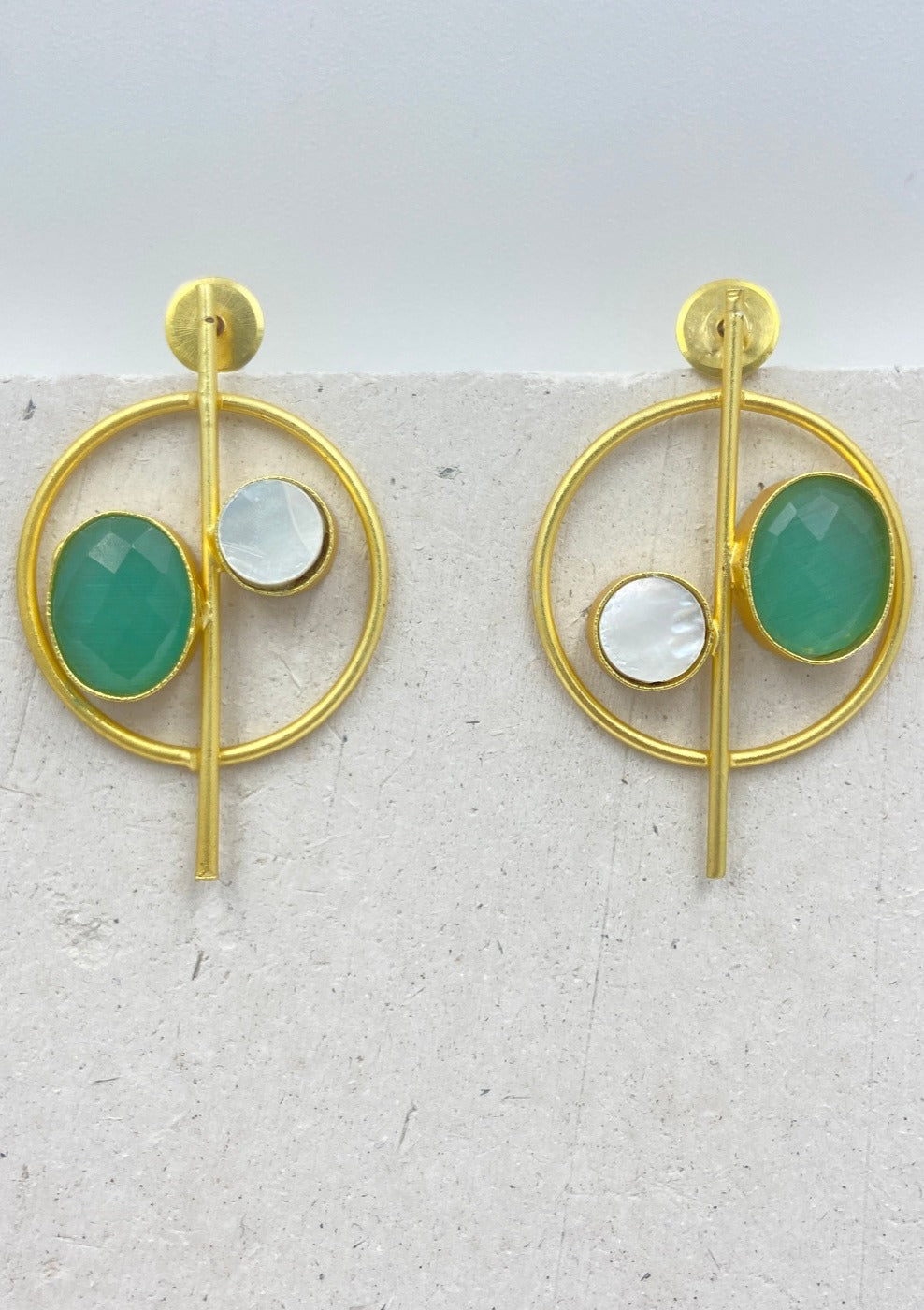 Gold Plated Circular Green Chalcedony Quartz Drop Earrings - QUEENS JEWELS