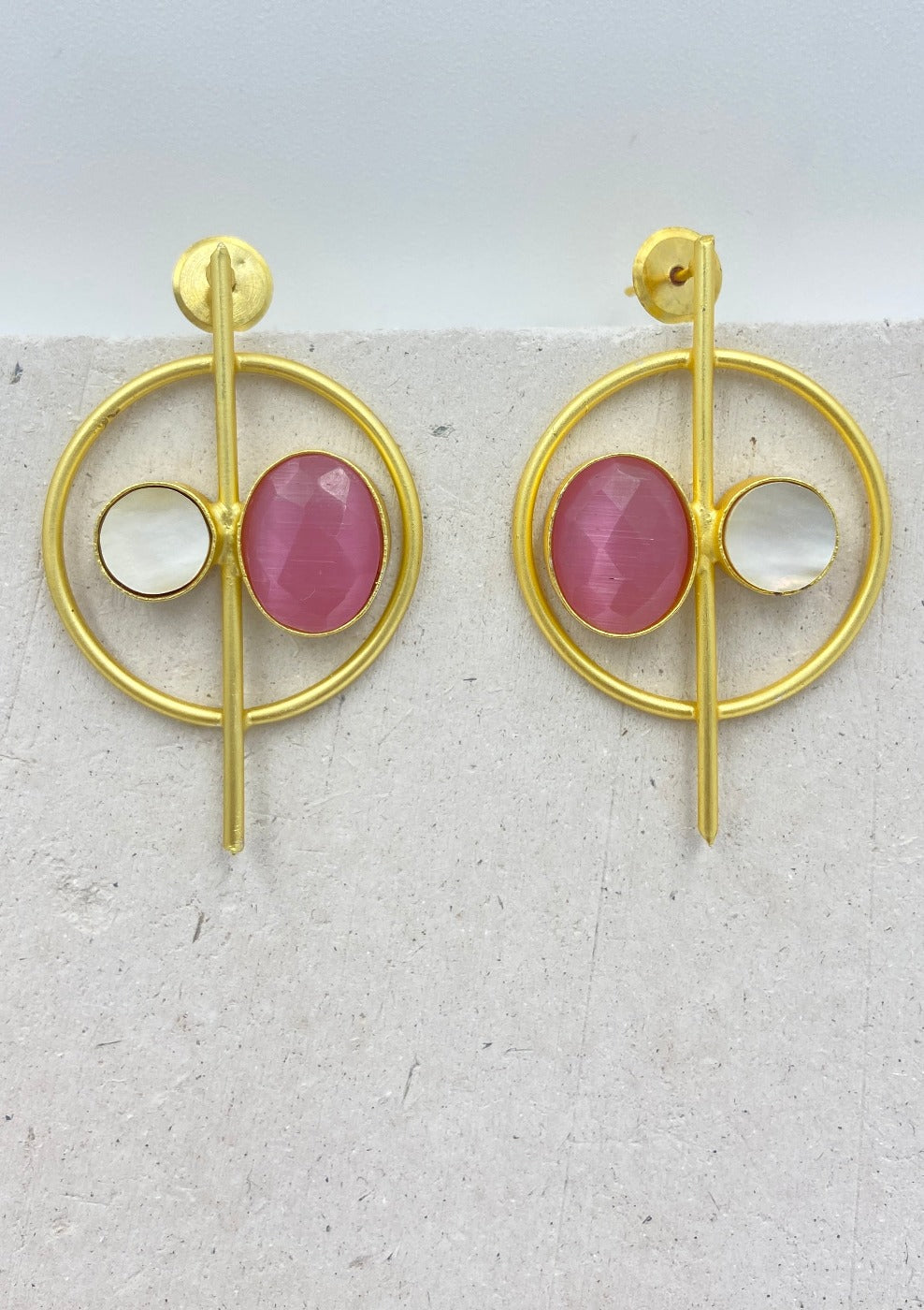 Gold Plated Circular Rose Quartz Drop Earrings - QUEENS JEWELS