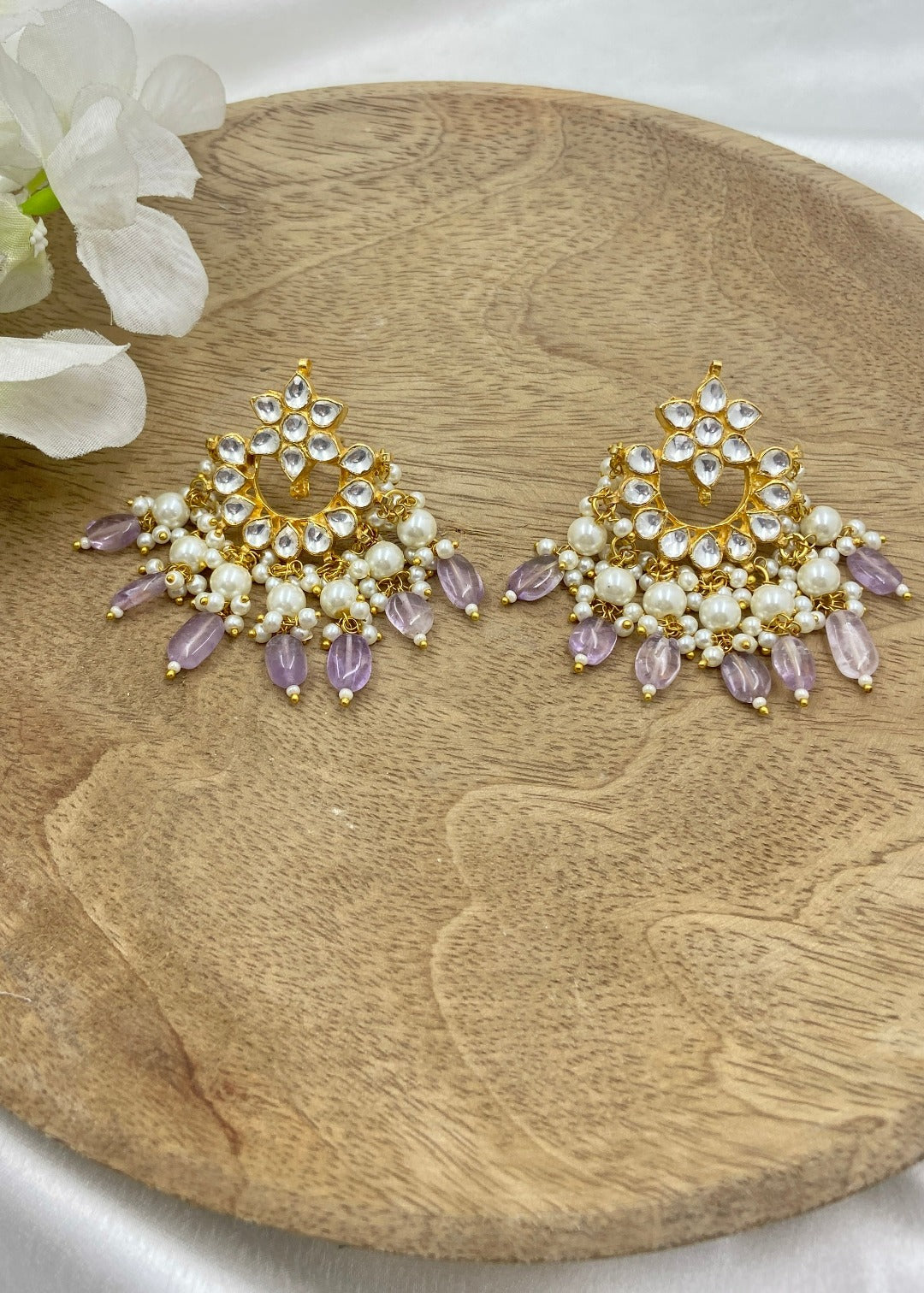 lavender colour and pearl kundan polki earrings