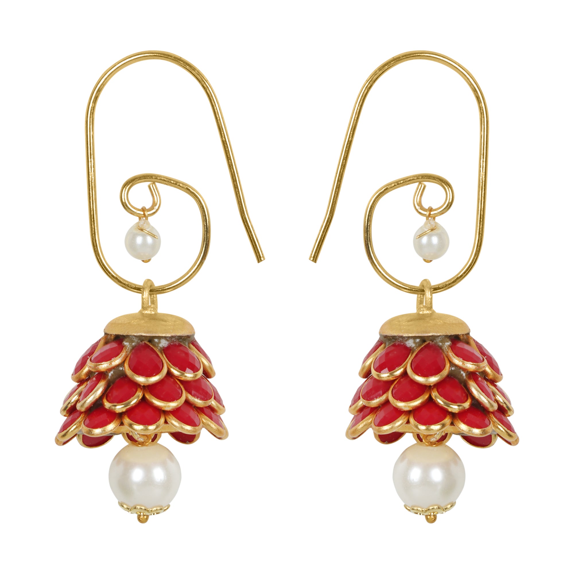 Anika Pachi Jhumka Earrings - Red - QUEENS JEWELS