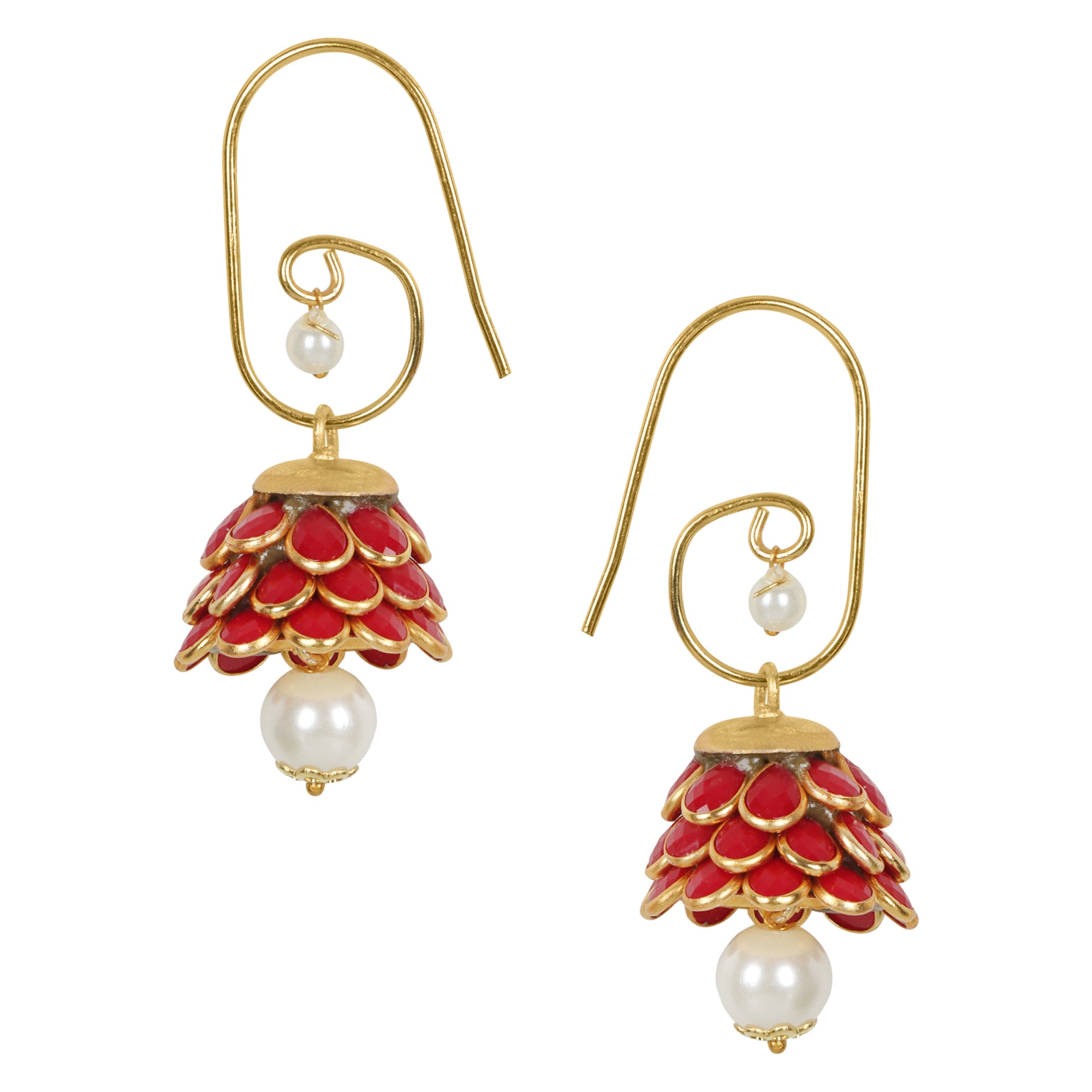 Anika Pachi Jhumka Earrings - Red - QUEENS JEWELS