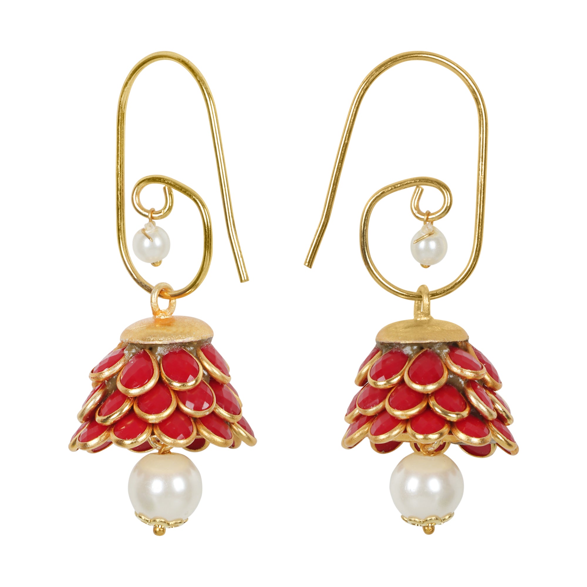 Anika Pachi Jhumka Earrings - Red - QUEENS JEWELS