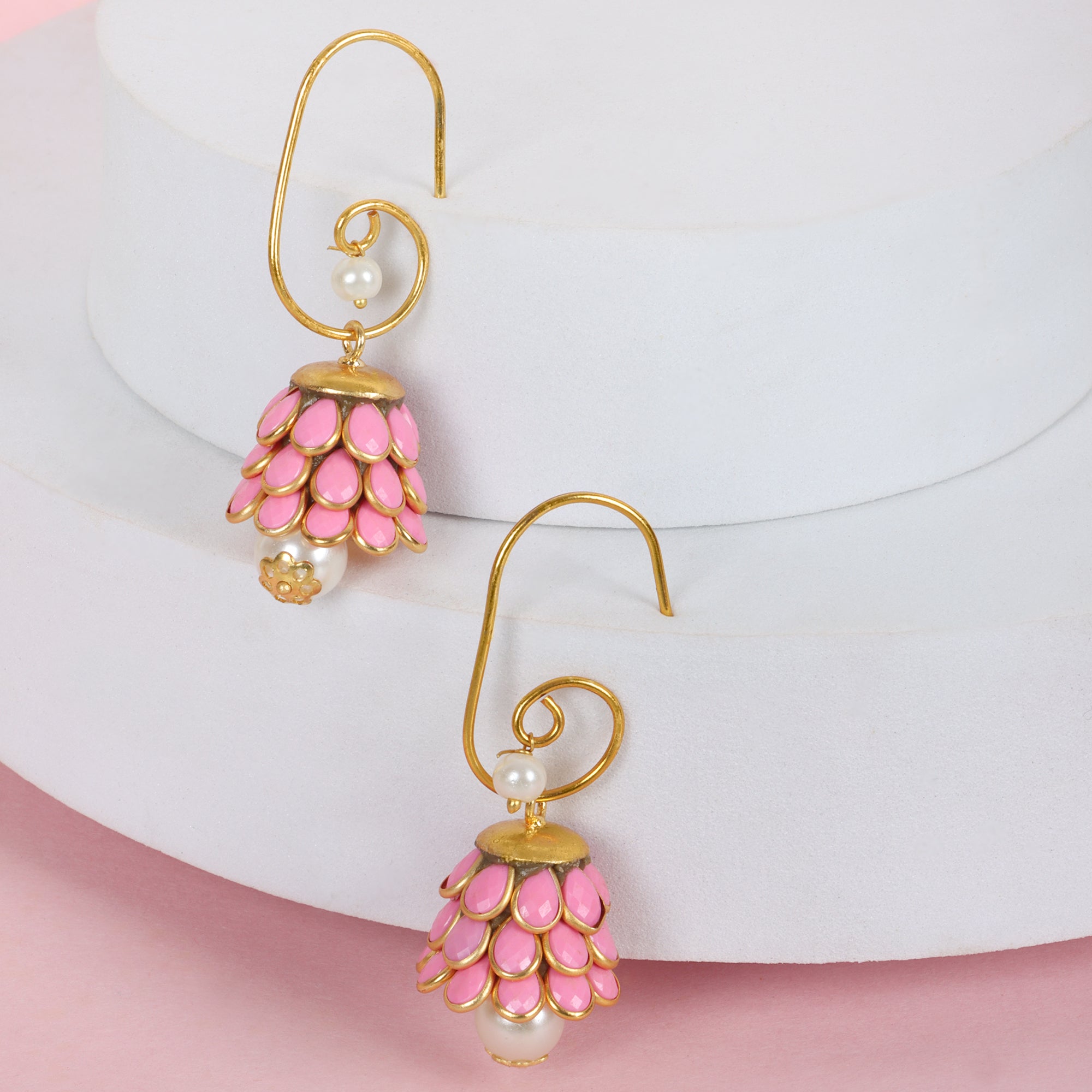Anika Pachi Jhumka Earrings - Pink - QUEENS JEWELS