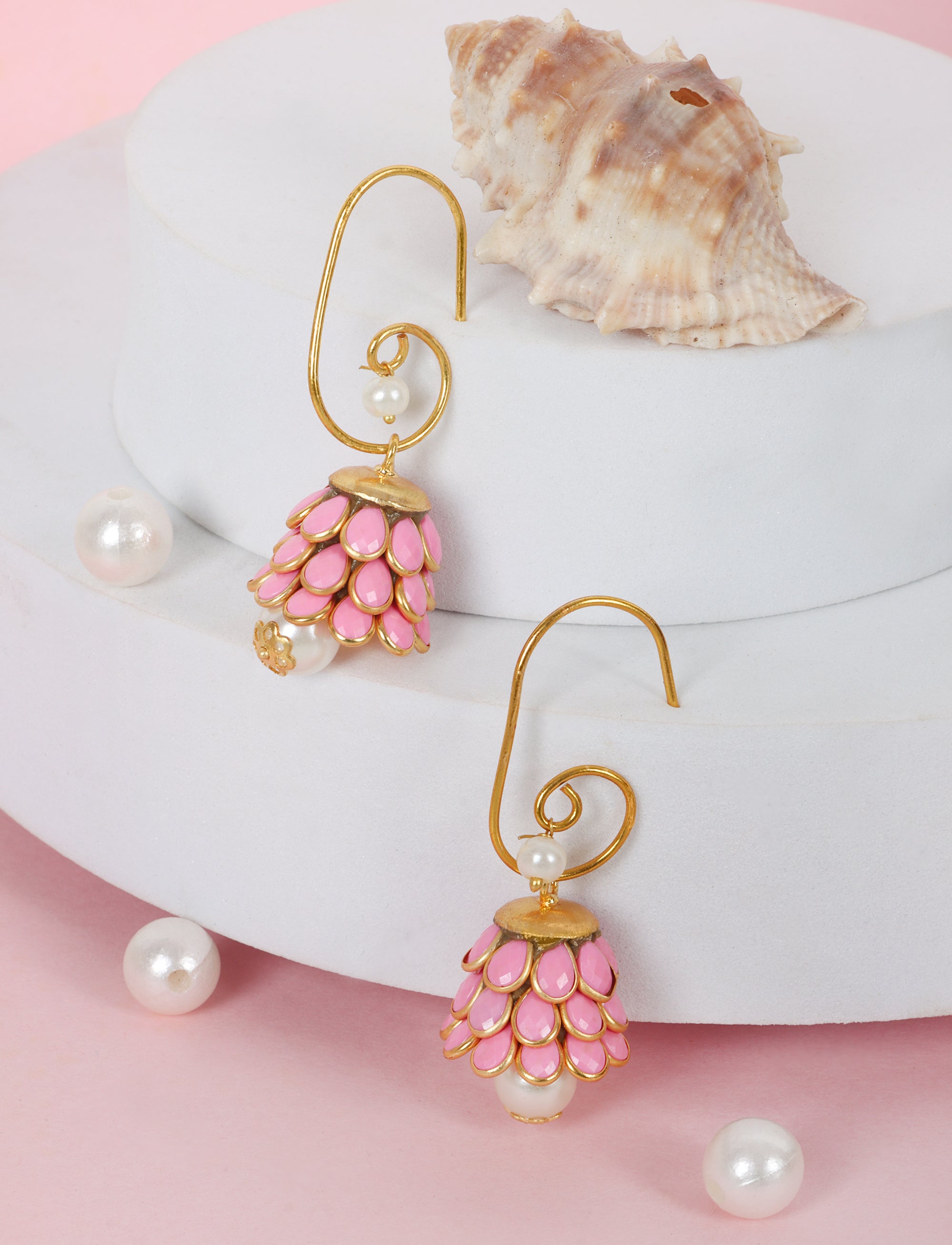 Anika Pachi Jhumka Earrings - Pink - QUEENS JEWELS