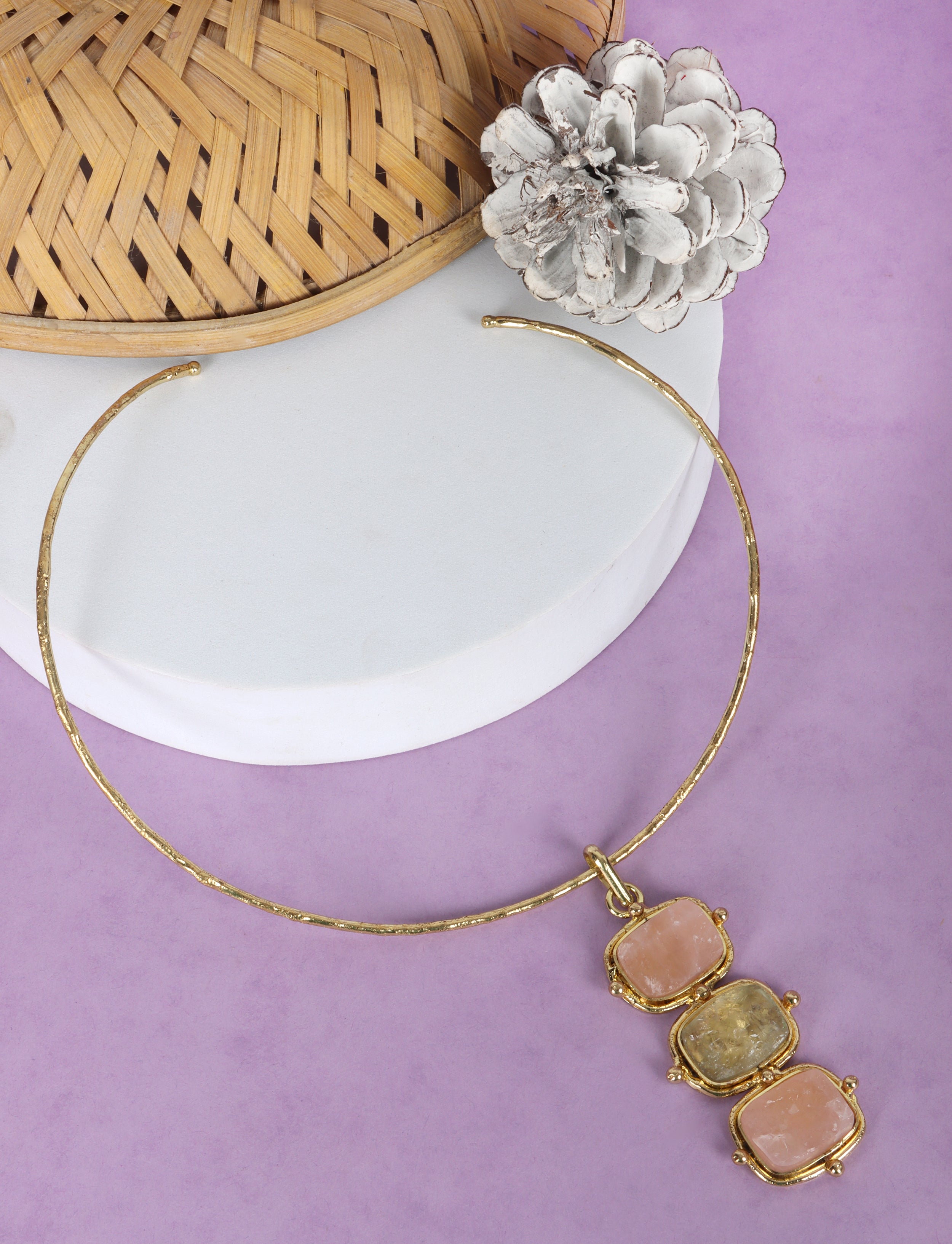 Trio Semi Precious Stone Gold Plated Necklace - QUEENS JEWELS