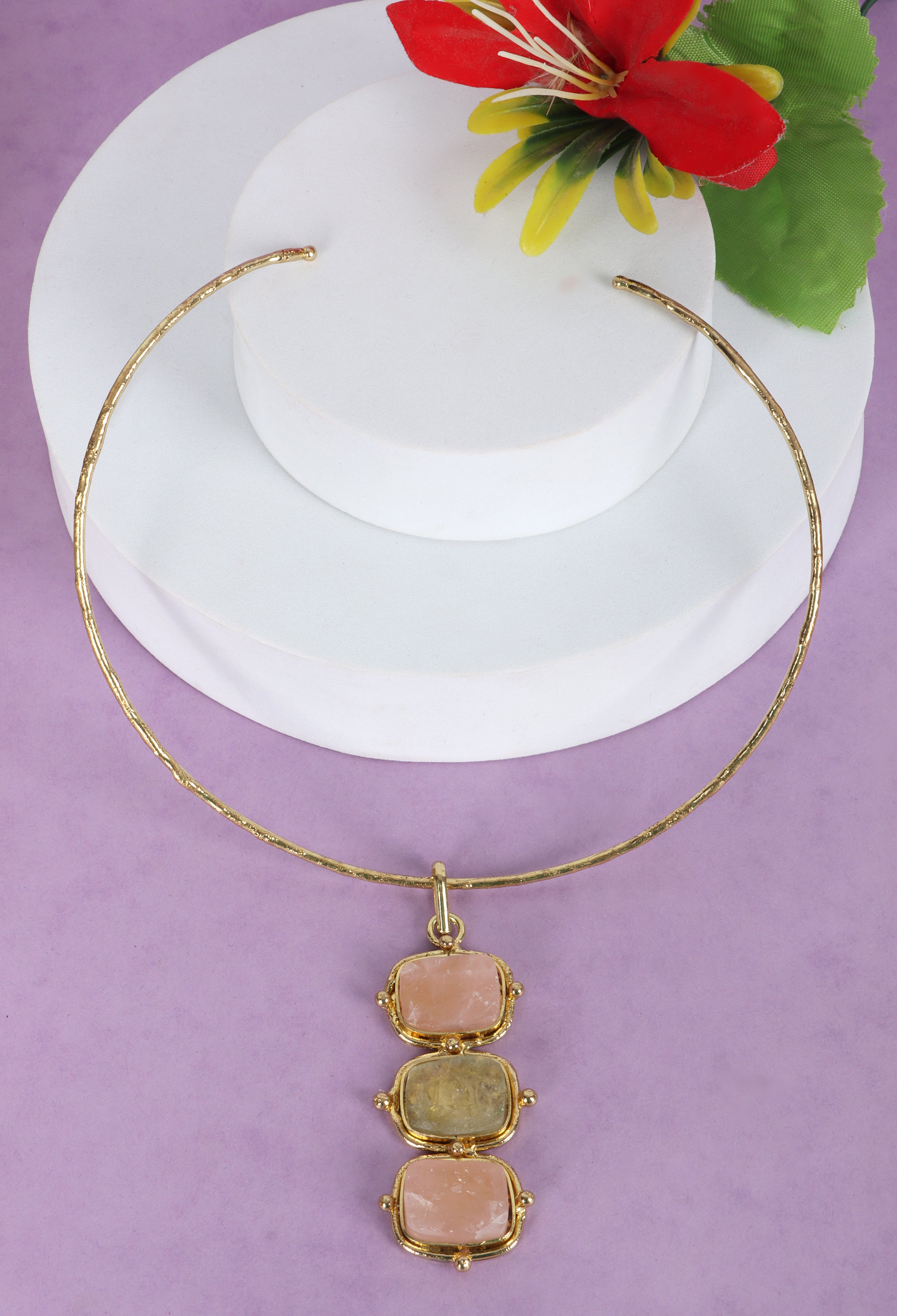 Trio Semi Precious Stone Gold Plated Necklace - QUEENS JEWELS