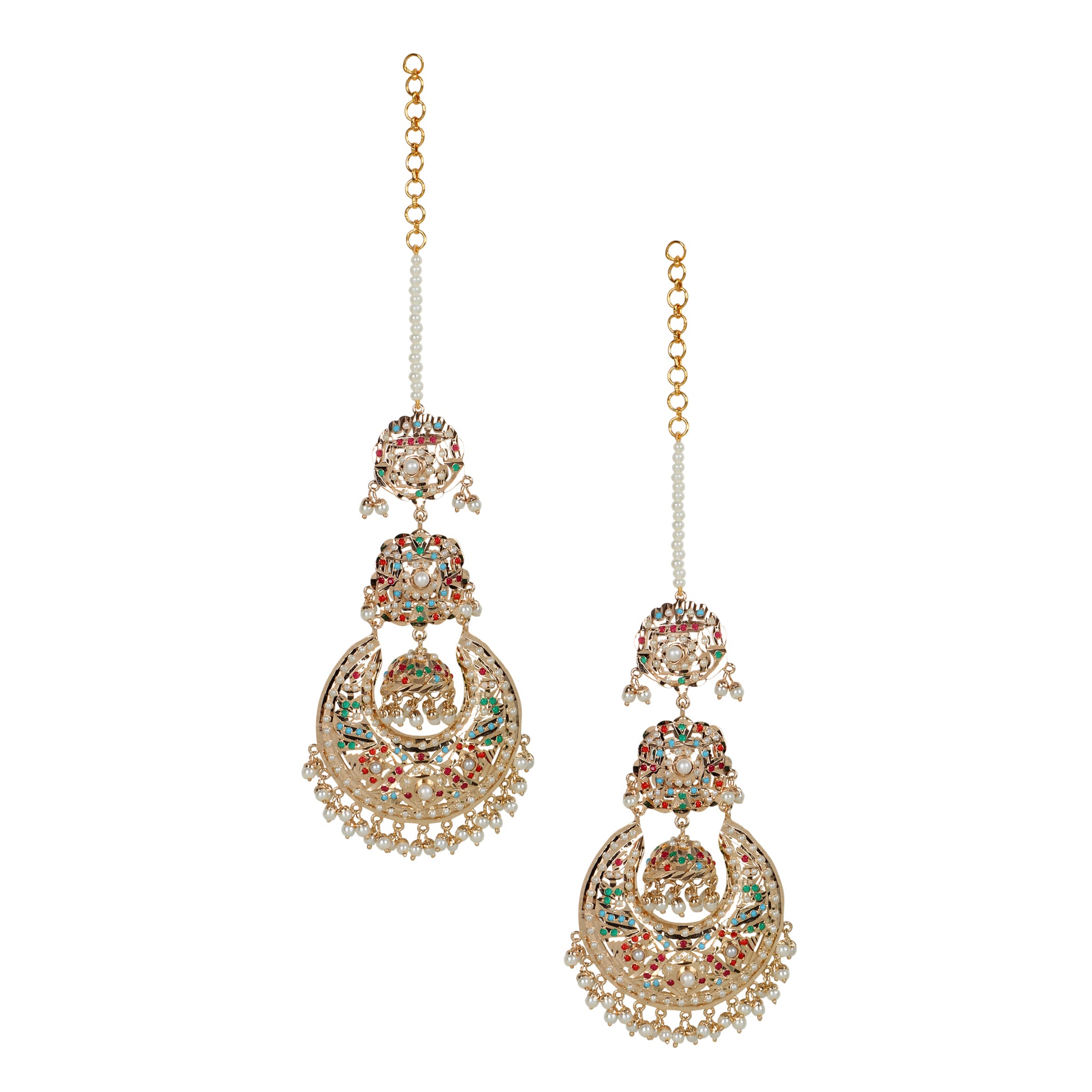 Navratan Jhumka Chaandbali Earrings with kaanchain - QUEENS JEWELS