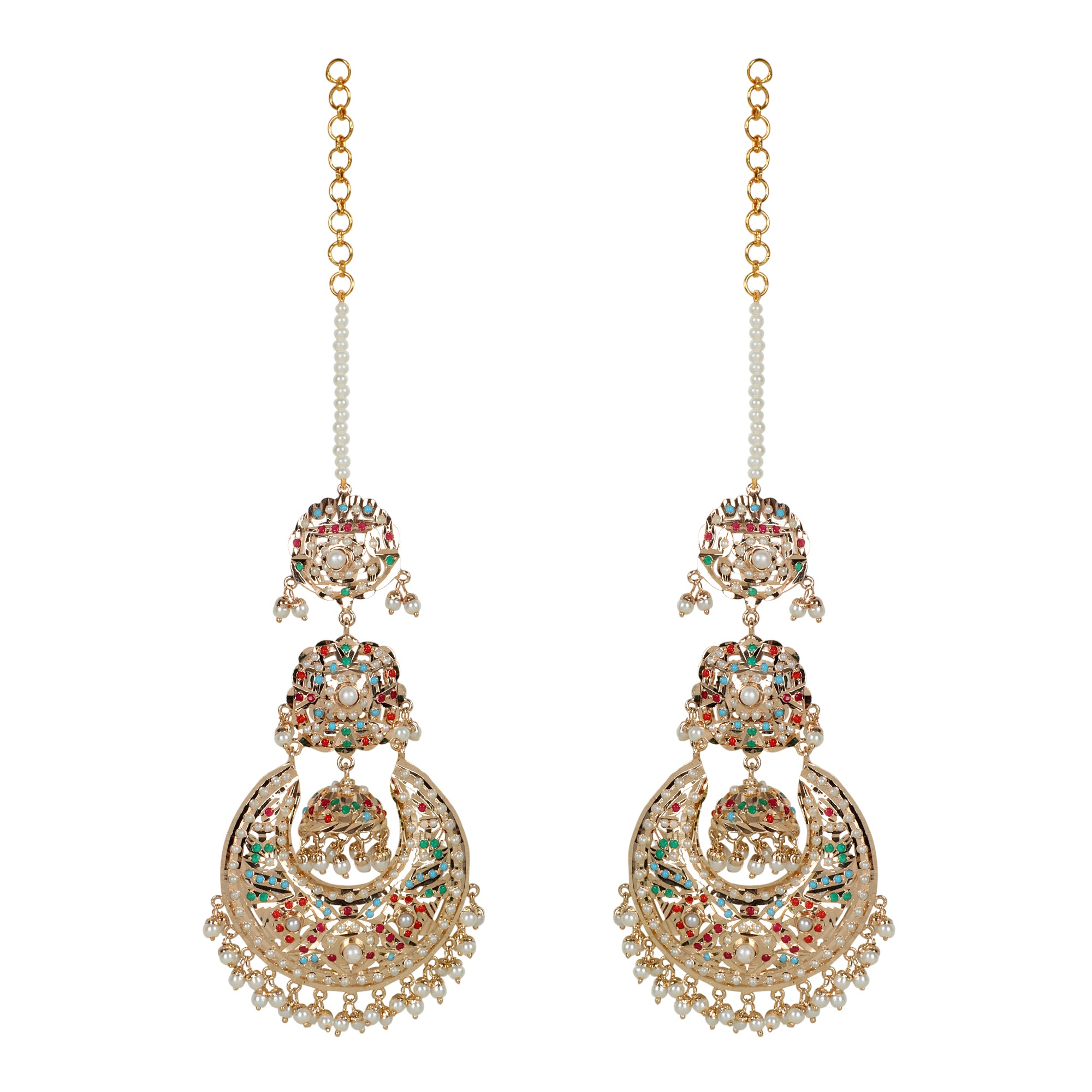 Navratan Jhumka Chaandbali Earrings with kaanchain - QUEENS JEWELS