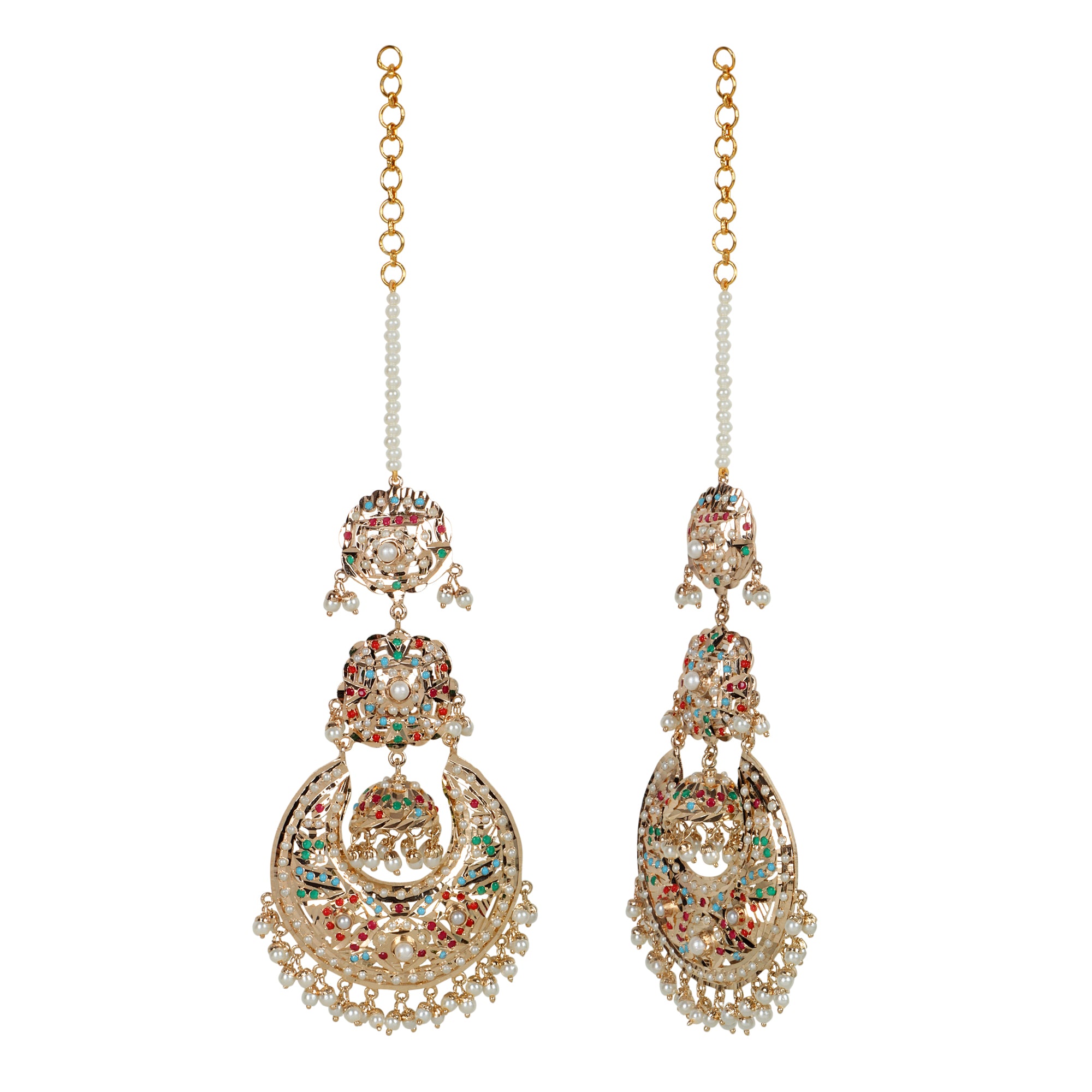 Navratan Jhumka Chaandbali Earrings with kaanchain - QUEENS JEWELS