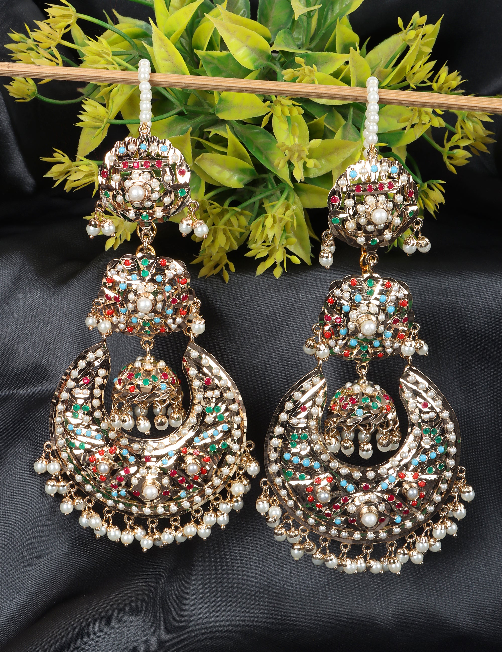 Navratan Jhumka Chaandbali Earrings with kaanchain - QUEENS JEWELS