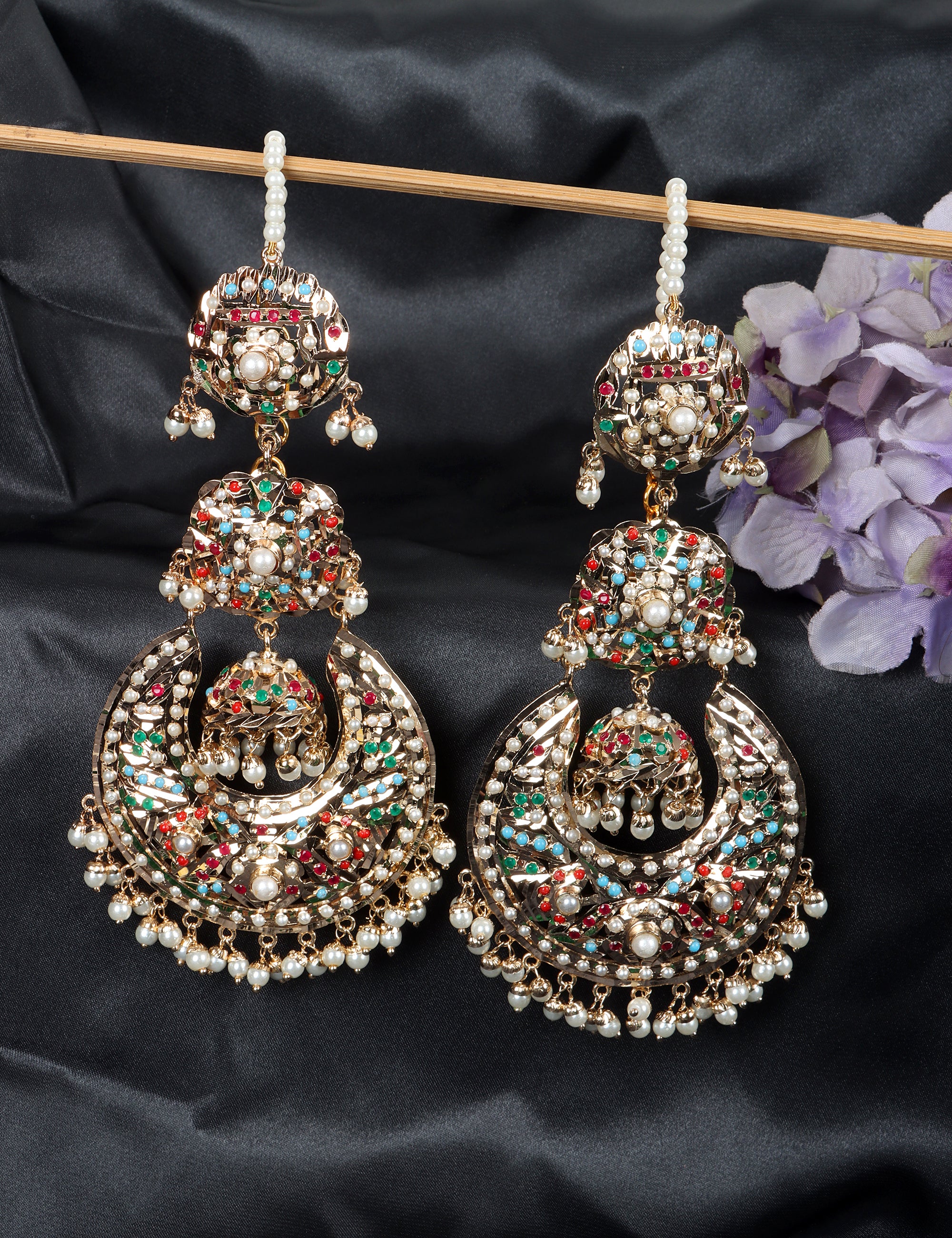 Navratan Jhumka Chaandbali Earrings with kaanchain - QUEENS JEWELS