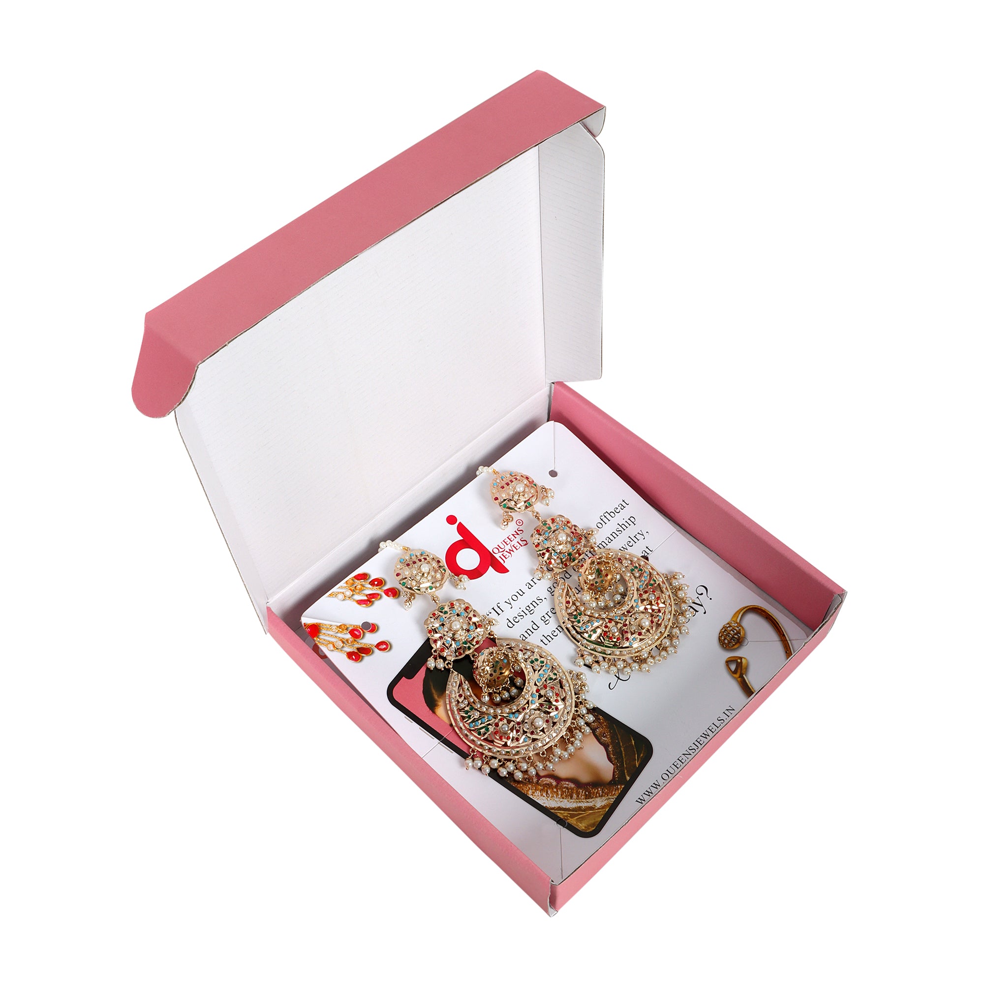 Navratan Jhumka Chaandbali Earrings with kaanchain - QUEENS JEWELS