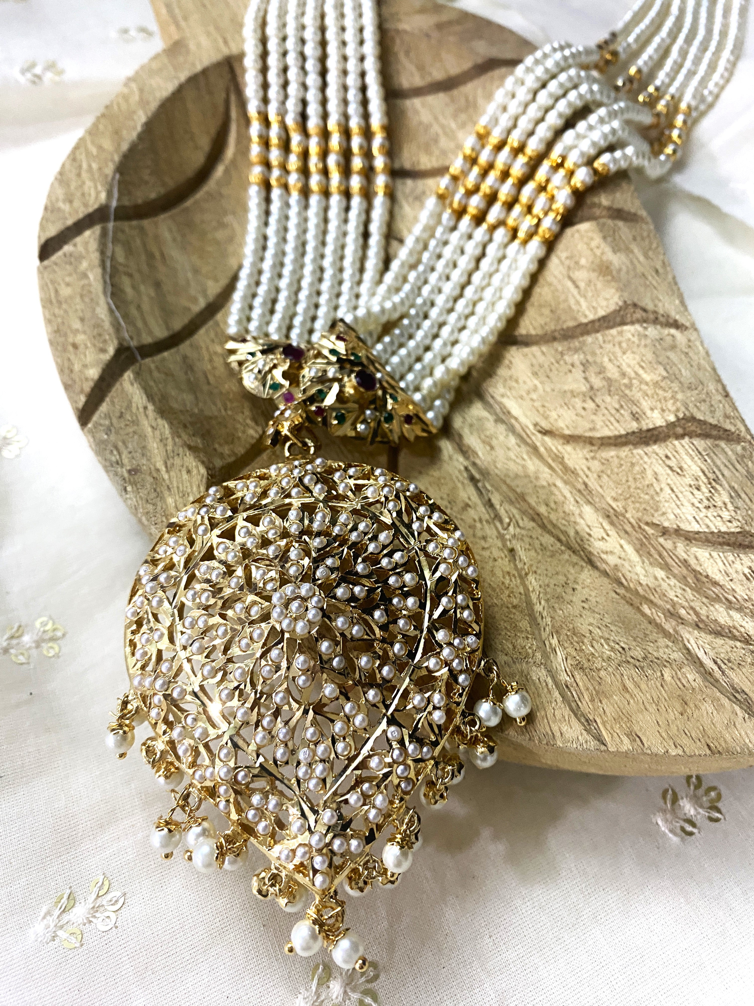 Petal shaped pendant with multi-string pearls jadau stones long necklace