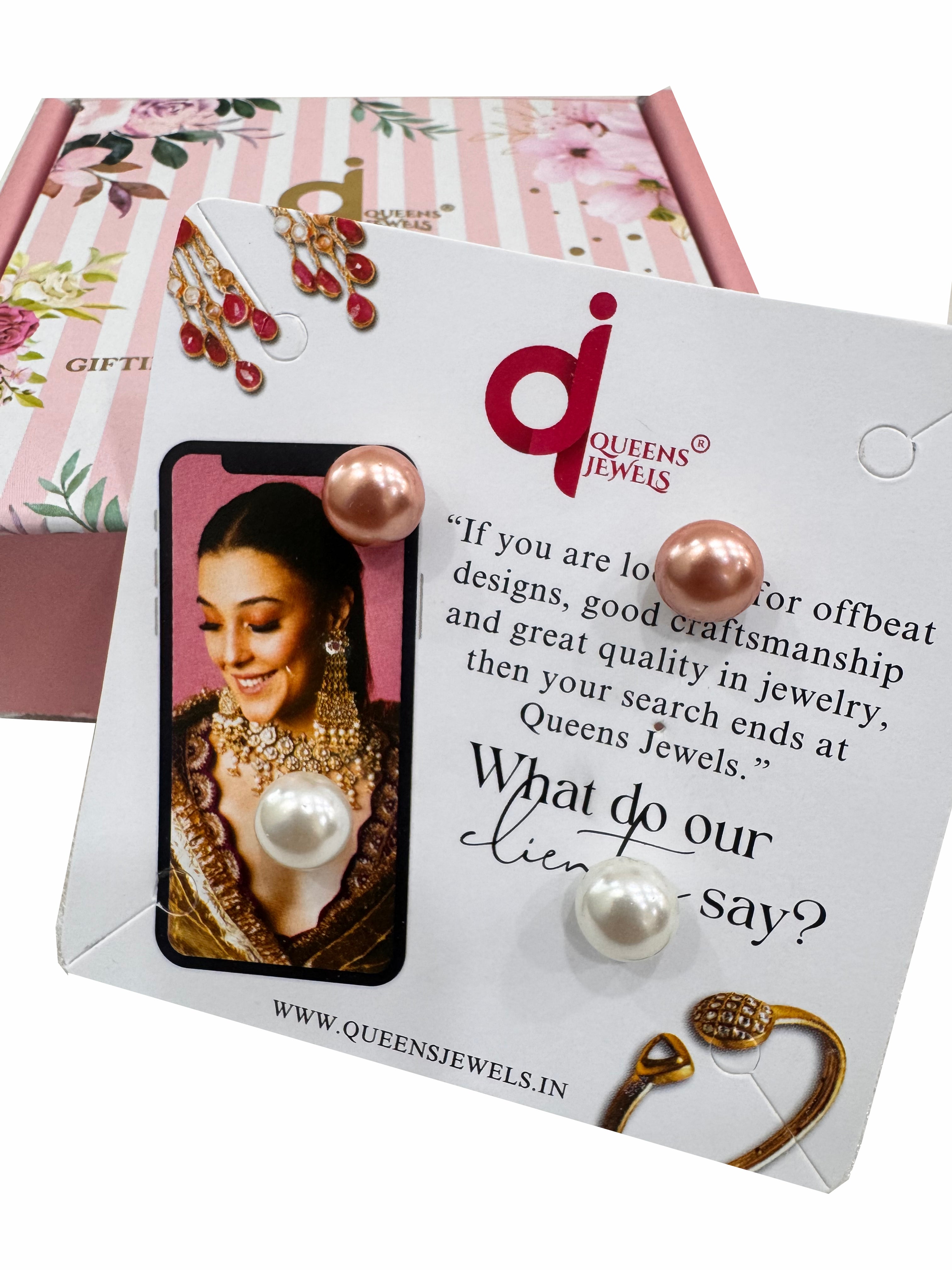 Pair of Elegant Cultured Pearl Stud Earrings -  White & Rose Gold - QUEENS JEWELS