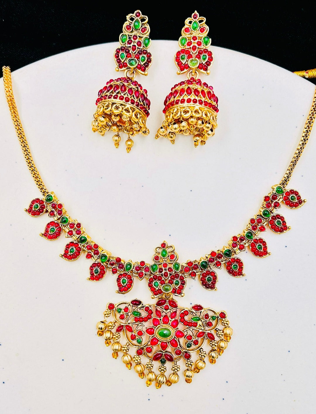 Arohi Red And Green Stone Temple Necklace Set With Jhumka Earrings - QUEENS JEWELS