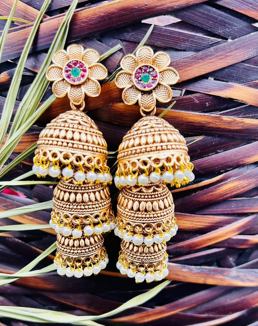 Golden  pearl drop three layer jhumka temple earring