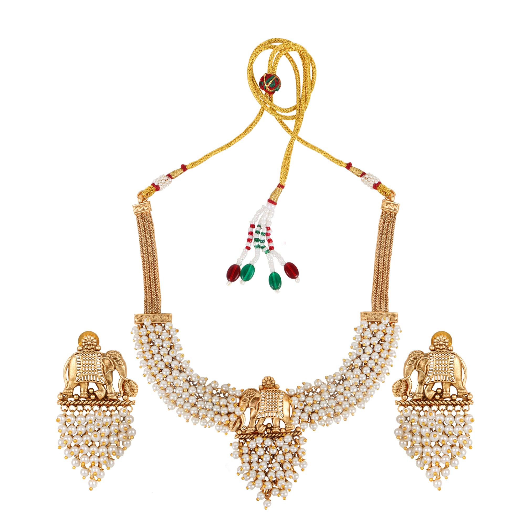 Royale White Pearl Temple Elephant Set - with Earrings - QUEENS JEWELS
