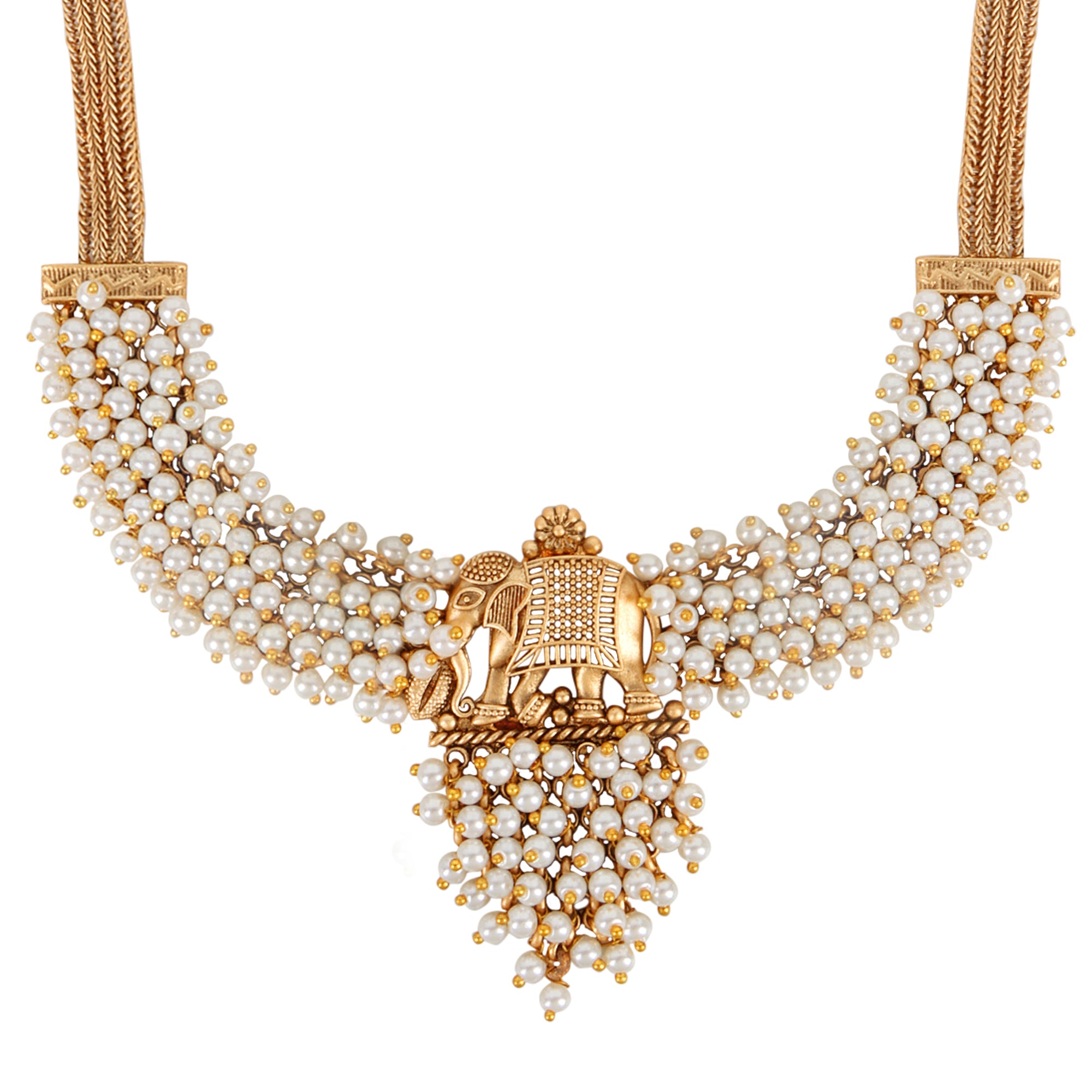 Royale White Pearl Temple Elephant Set - with Earrings - QUEENS JEWELS