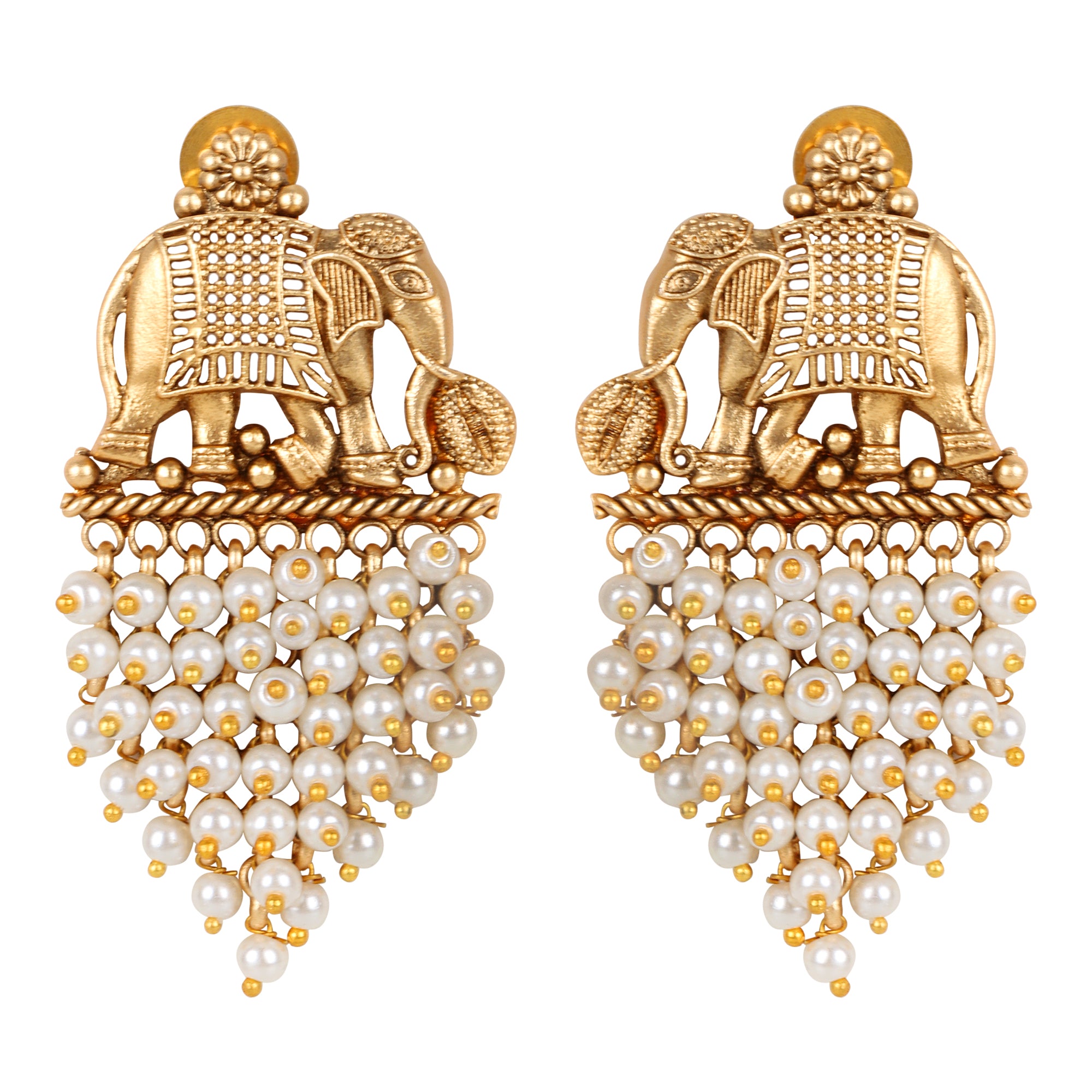 Royale White Pearl Temple Elephant Set - with Earrings - QUEENS JEWELS
