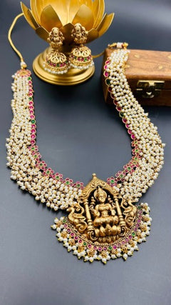 Arika Multi Long Temple Necklace Set With Jhumka Earrings - QUEENS JEWELS
