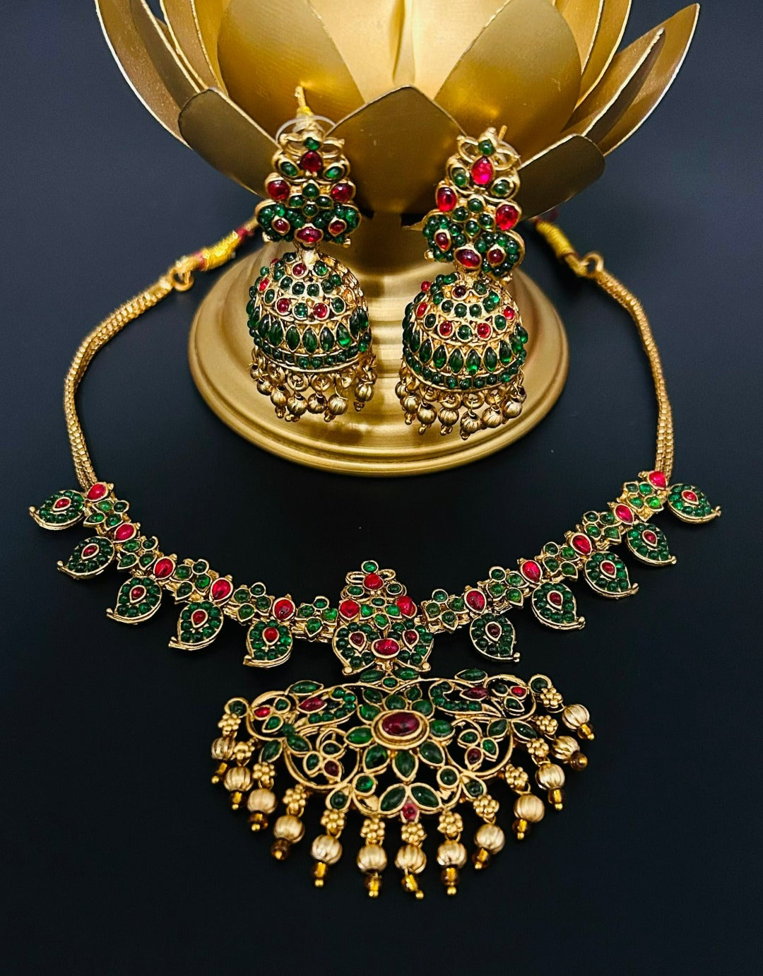 Arohi Green And Red Stone Temple Necklace Set With Jhumka Earrings - QUEENS JEWELS