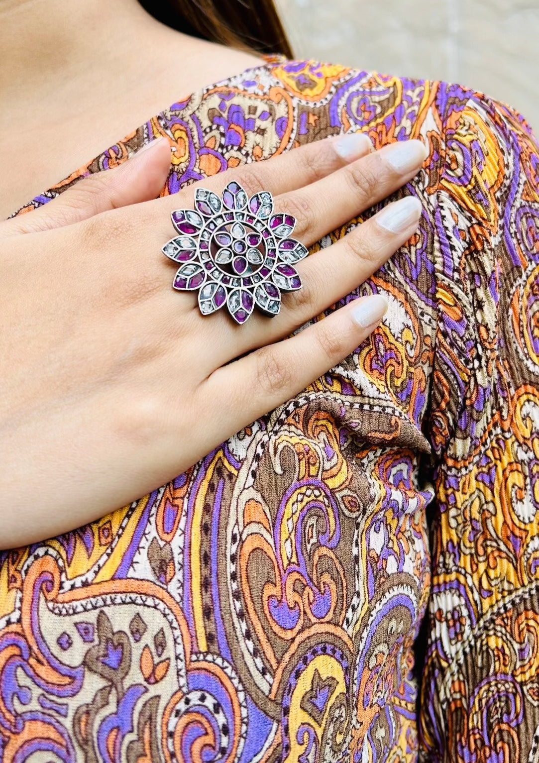 Myra Oxidised Magenta Floral Adjustable Ring - QUEENS JEWELS