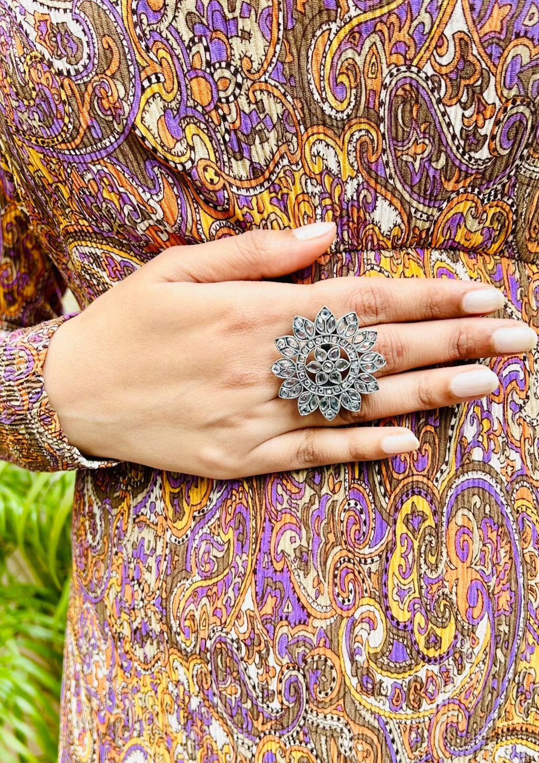 Myra Oxidised Transparent Floral Adjustable Ring - QUEENS JEWELS