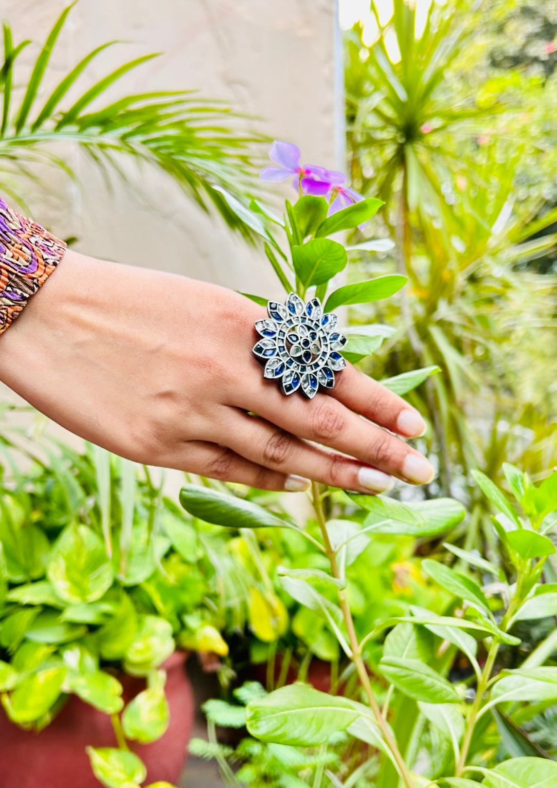 Myra Oxidised Blue Floral Adjustable Ring - QUEENS JEWELS