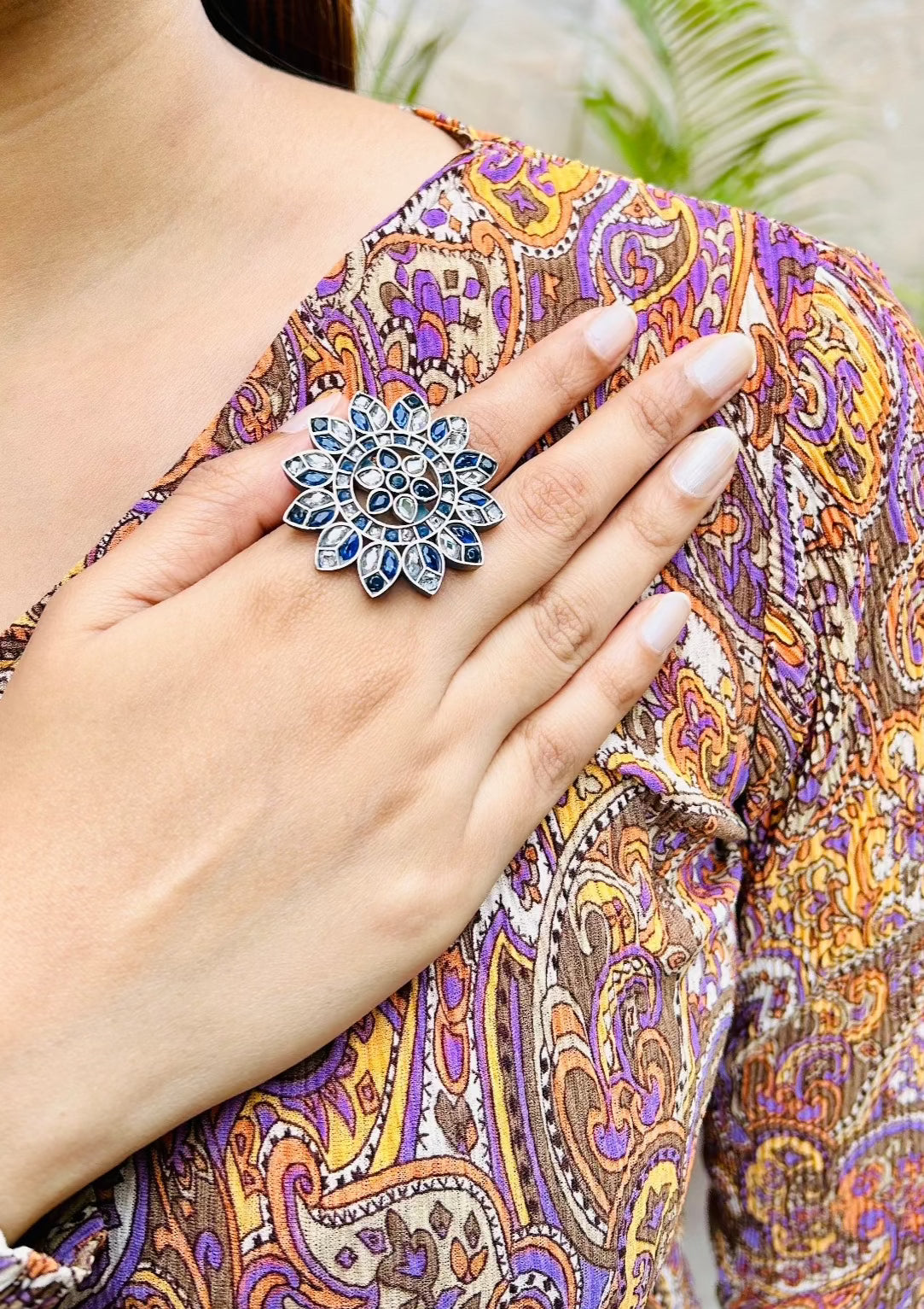 Myra Oxidised Blue Floral Adjustable Ring - QUEENS JEWELS