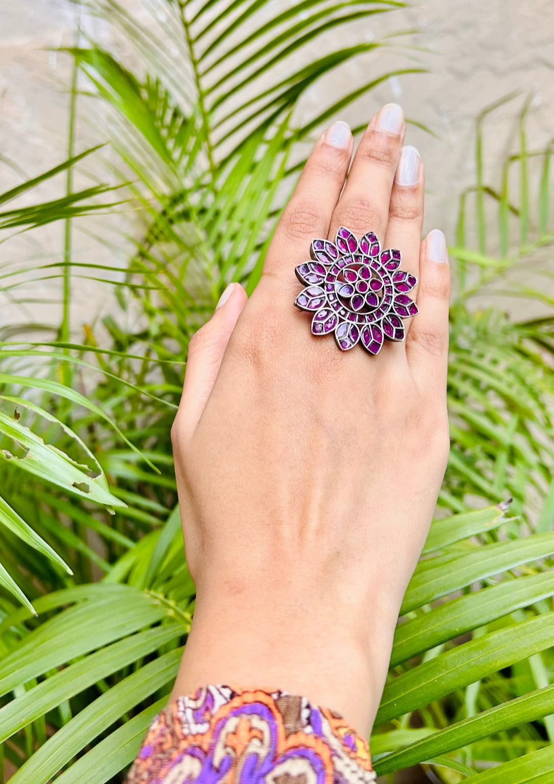 Aria Oxidised Magenta Floral Adjustable Ring - QUEENS JEWELS