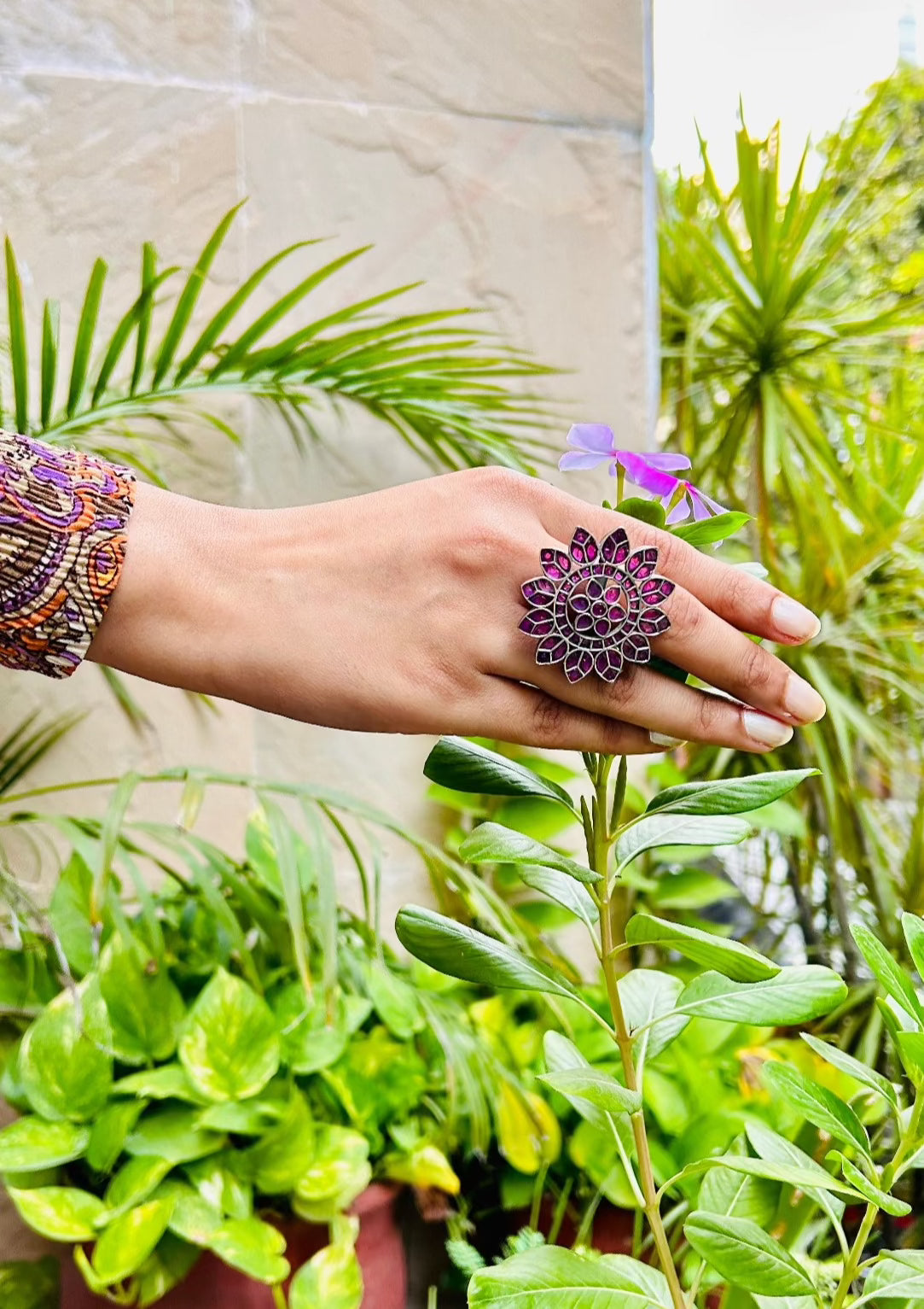 Aria Oxidised Magenta Floral Adjustable Ring - QUEENS JEWELS