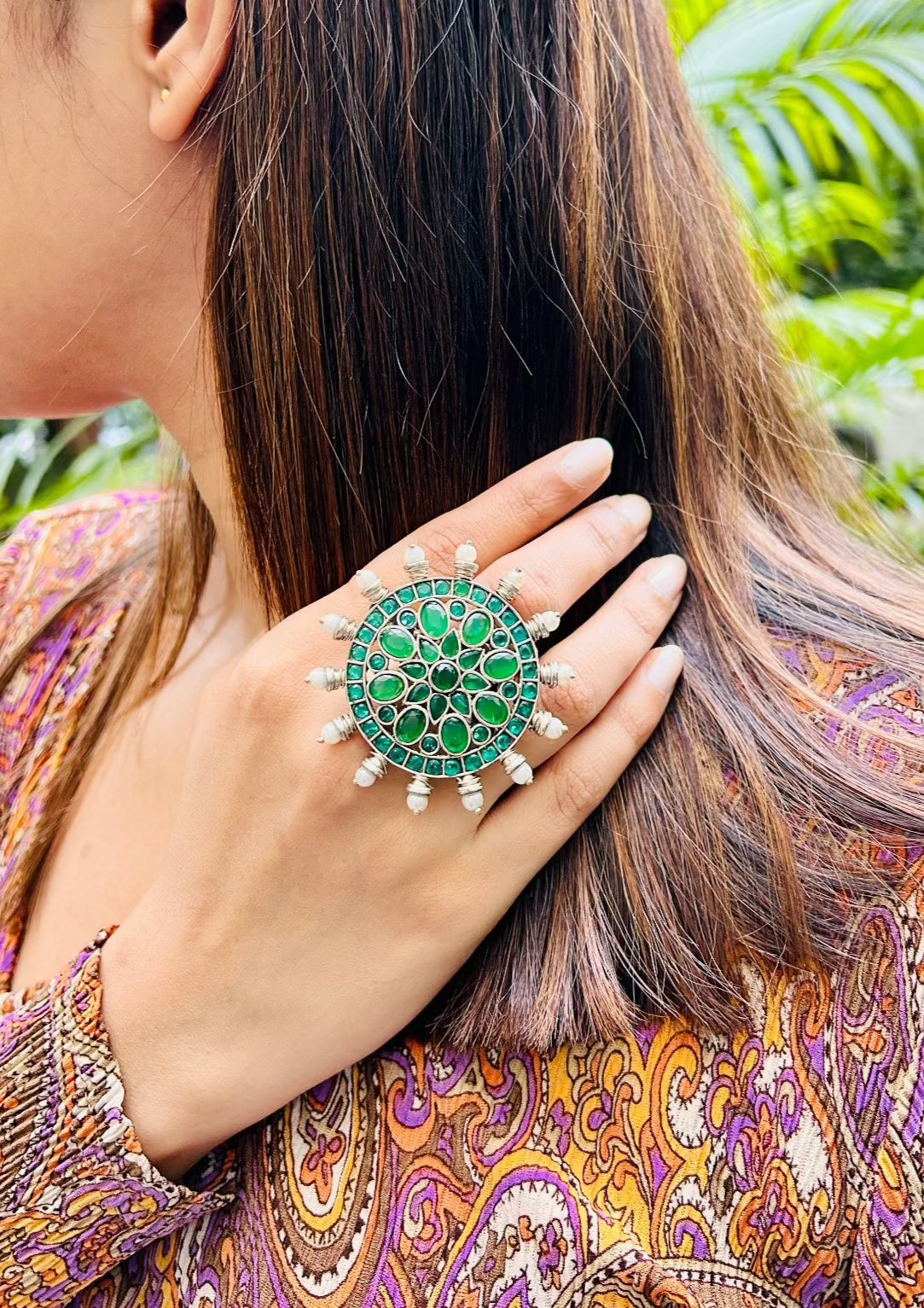 Amyara Oxidised Green Floral Adjustable Ring